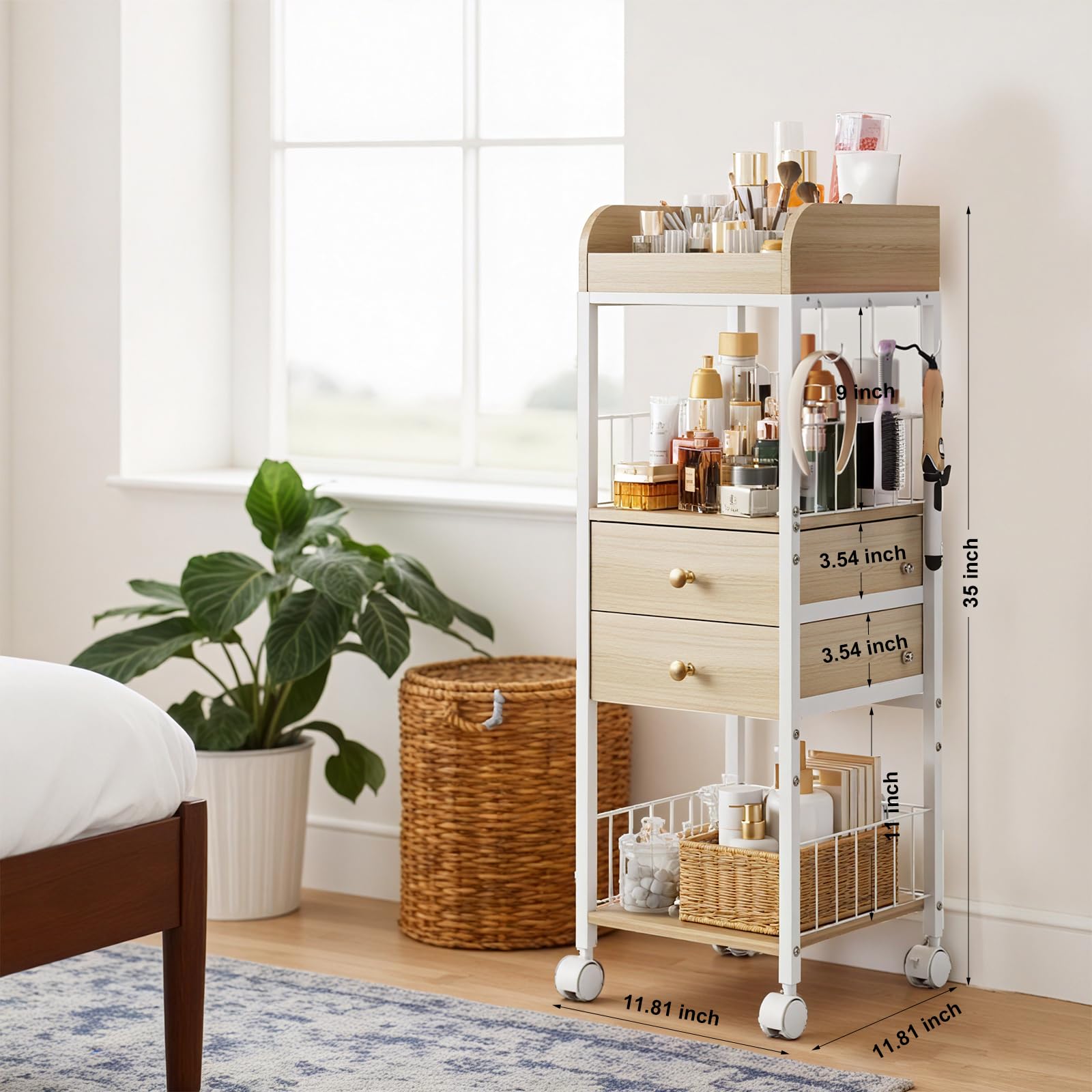 DONGRONG Makeup Organizer Cart, Rolling Floor Skincare Organizer and Storage with 2 Wooden Drawers, Cosmetics Display Cases Hold