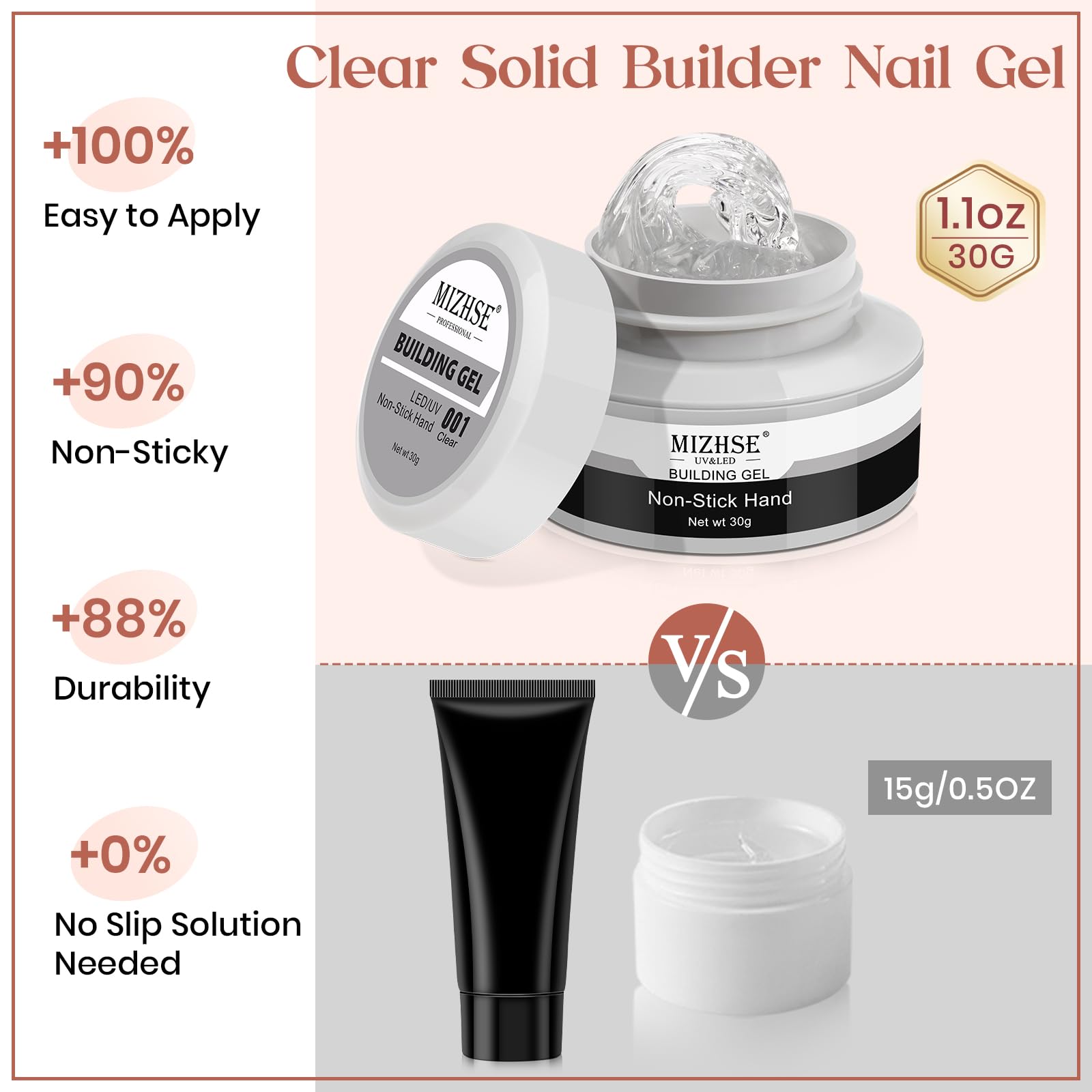 Mizhse Clear Solid Builder Gel For Nails, 30G Hard Gel For Nails Non-Sticky Nail Extension Builder Gel, Nail Strengthen Gel 3D S