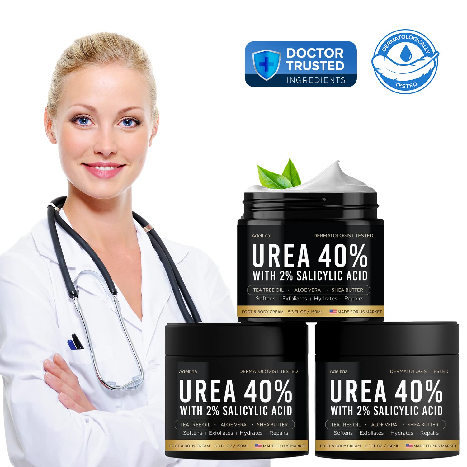 Adellina Urea Foot Cream 40% - Maximum Strength for Dry Cracked Heels, 5.3 Fl Oz, Model ADL-40