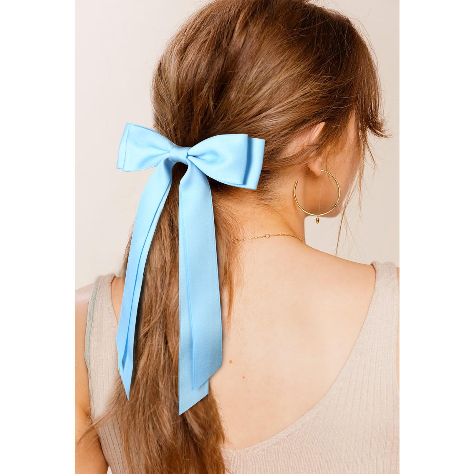 2Pcs Silky Satin Hair Bows Hair Clip Pink Blue Hair Ribbon Ponytail Holder Accessories Slides Metal Clips Hair Bow For Women Gir