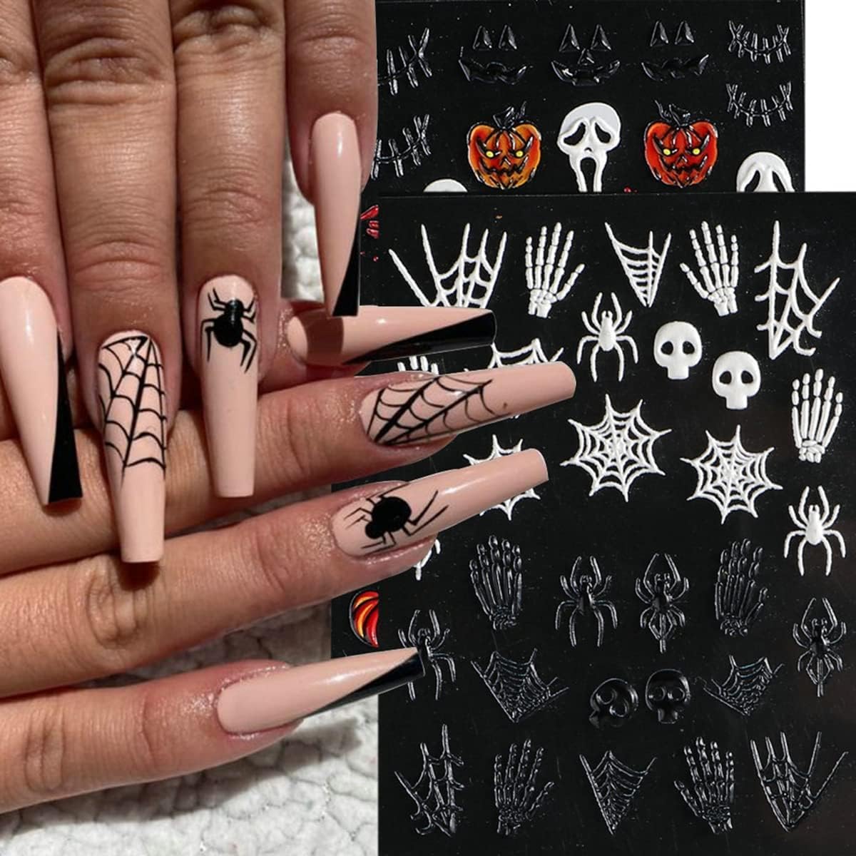 5D Halloween Nail Stickers Acrylic Sticker Realistic Eyes Bone Spider Embossed Halloween Skull Ghost Pumpkin Spider Bat Nail Art