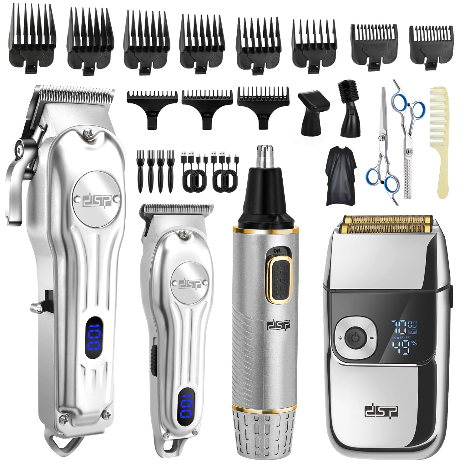 DSP 4-in-1 Pro Barber Kit: Cordless Hair Clipper, Trimmer, Shaver & Nose Hair Remover - Styling & Grooming Set with Scissors, Fa