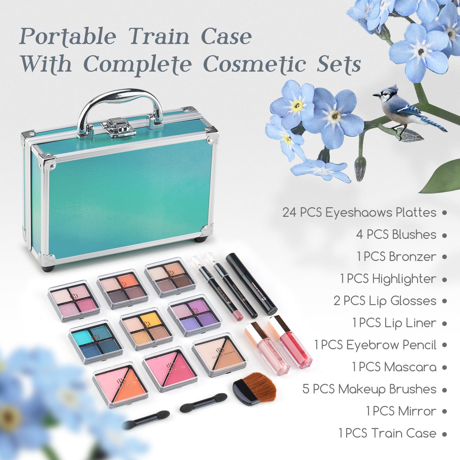Color Nymph Beginner Makeup Kit For Teens With The Small Cosmetic Train Case Included 24-Colors Eyeshadow Palette Blushes Bronze