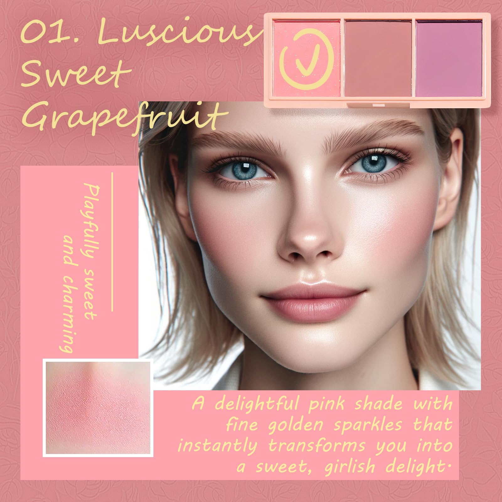 3 Color Matte Pink Blush Palette With Brush, Long Lasting Cheek Makeup, Light And Smooth Blush Powder For Face Beauty
