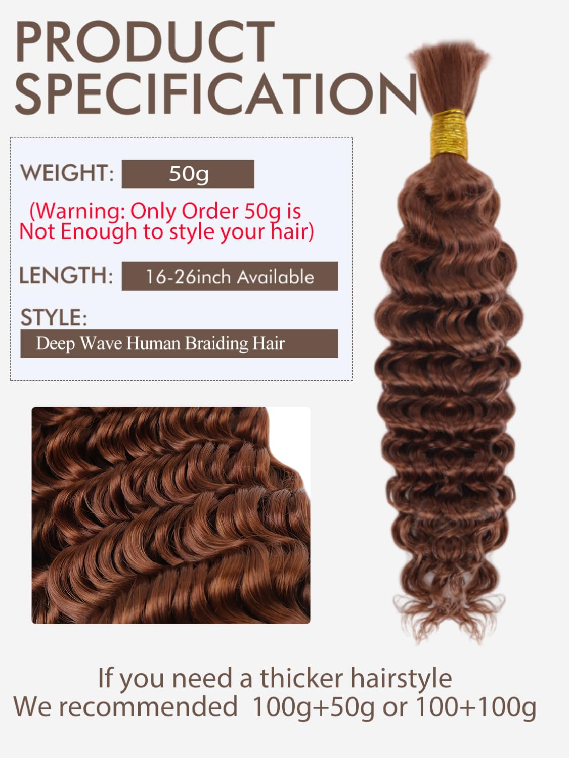 Brown Braiding Hair 1 Bundle 50G 24 Inch Color 30 Braiding Hair Deep Wave Human Hair Braiding Hair Water Wave Bulk Human Hair Fo