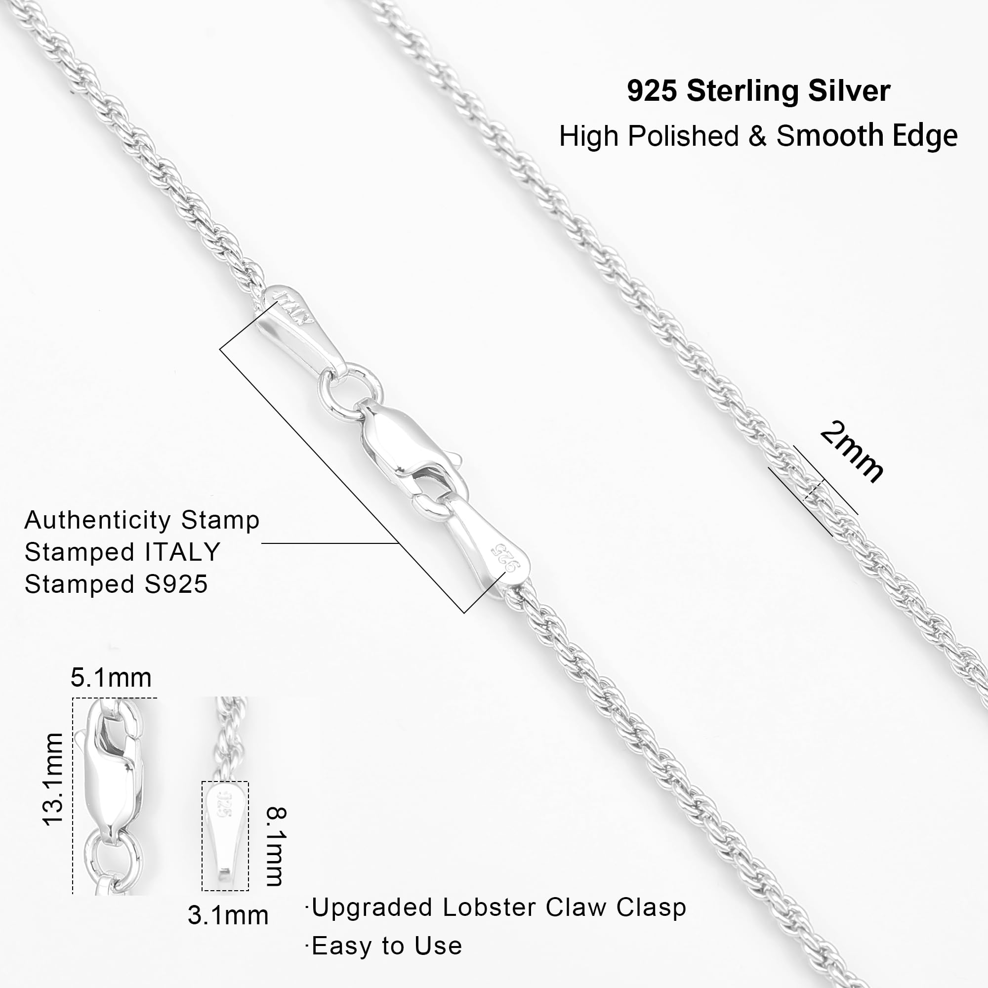 Waitsoul 925 Sterling Silver Rope Chain Lobster Clasp 2mm Silver Chain for Men Women Silver Necklace Chain 18 Inch