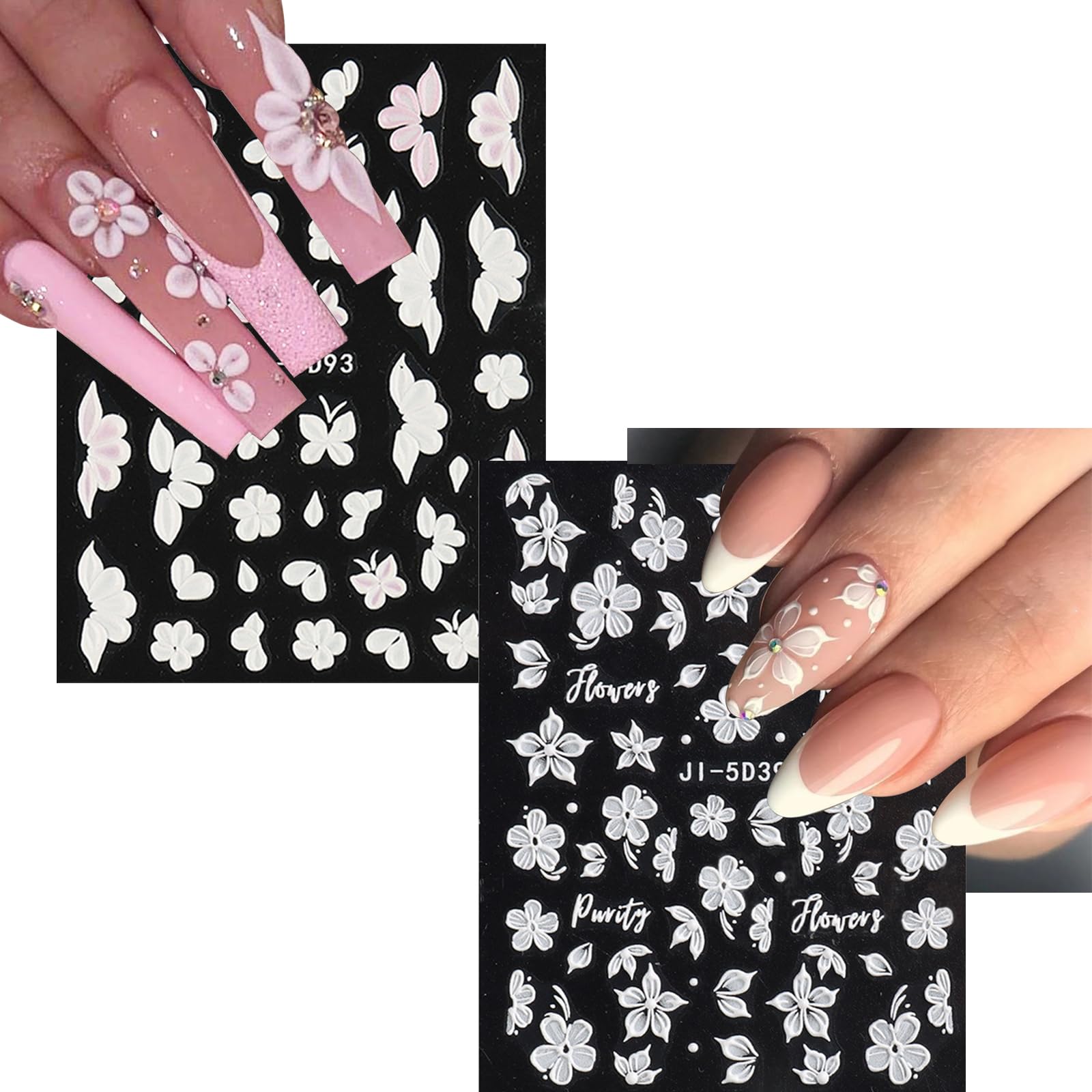 Votacos 6 Sheets Flower Nail Art Stickers Decals 5D Embossed Nail Decals Spring Summer Self-Adhesive Nail Supplies Accessories 3