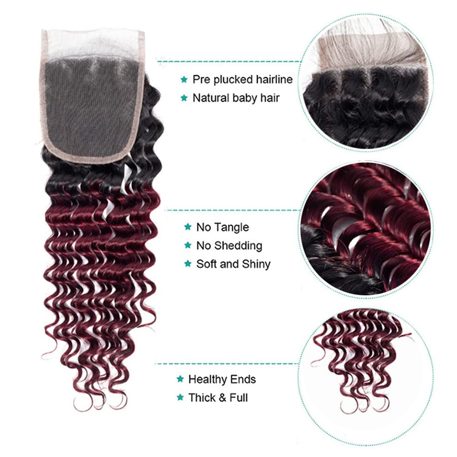 4x4 Deep Wave Closure 20 Inch Burgundy Human Hair 1b/99j Red Deep Wave Closure Brazilian Unprocessed Virgin Hair Wet And Wavy Cl
