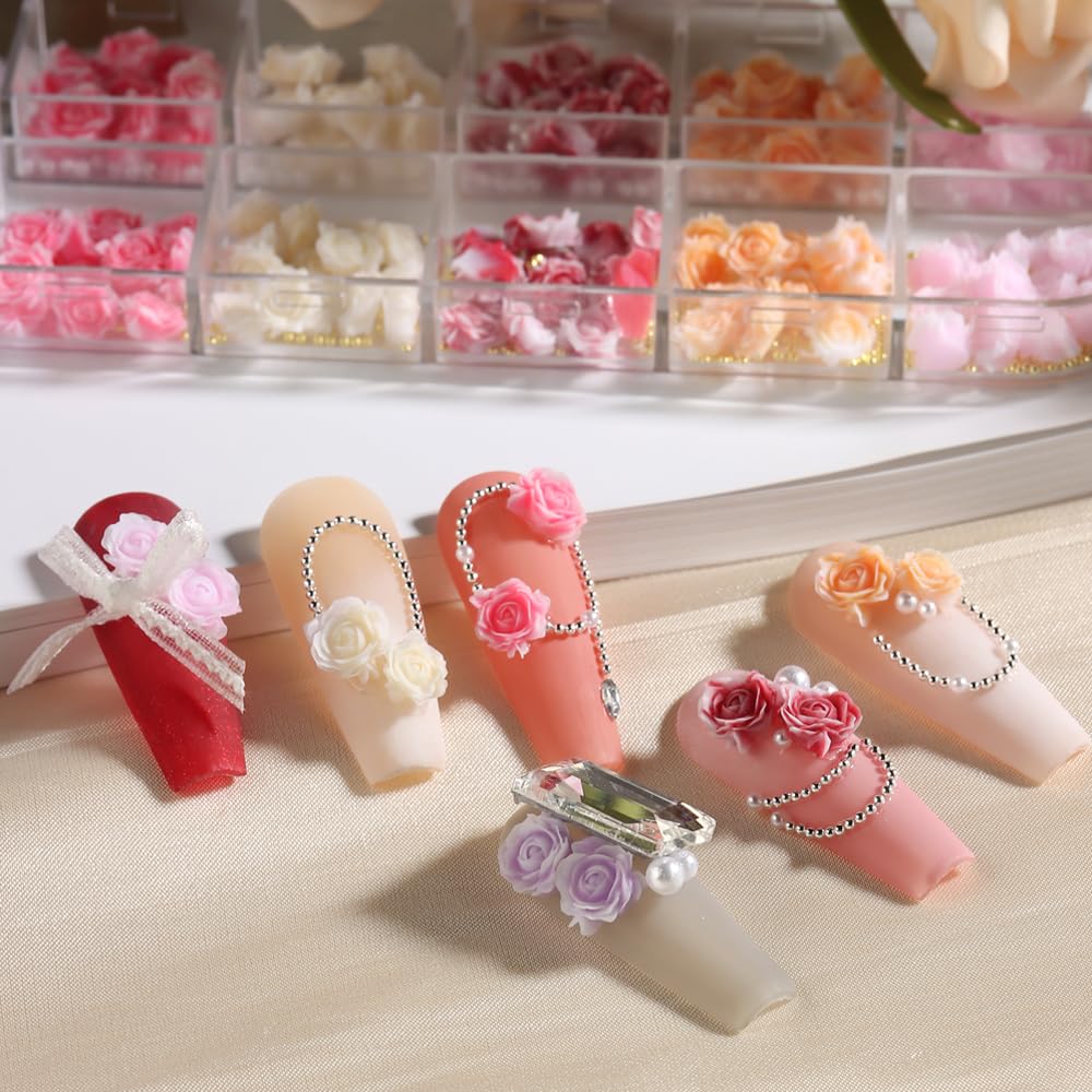 3D Flower Nail Charms, Gradient Red Pink White Resin Acrylic Rose Camellia Flower With Pearls Caviar Beads, Spring Floral Gems J