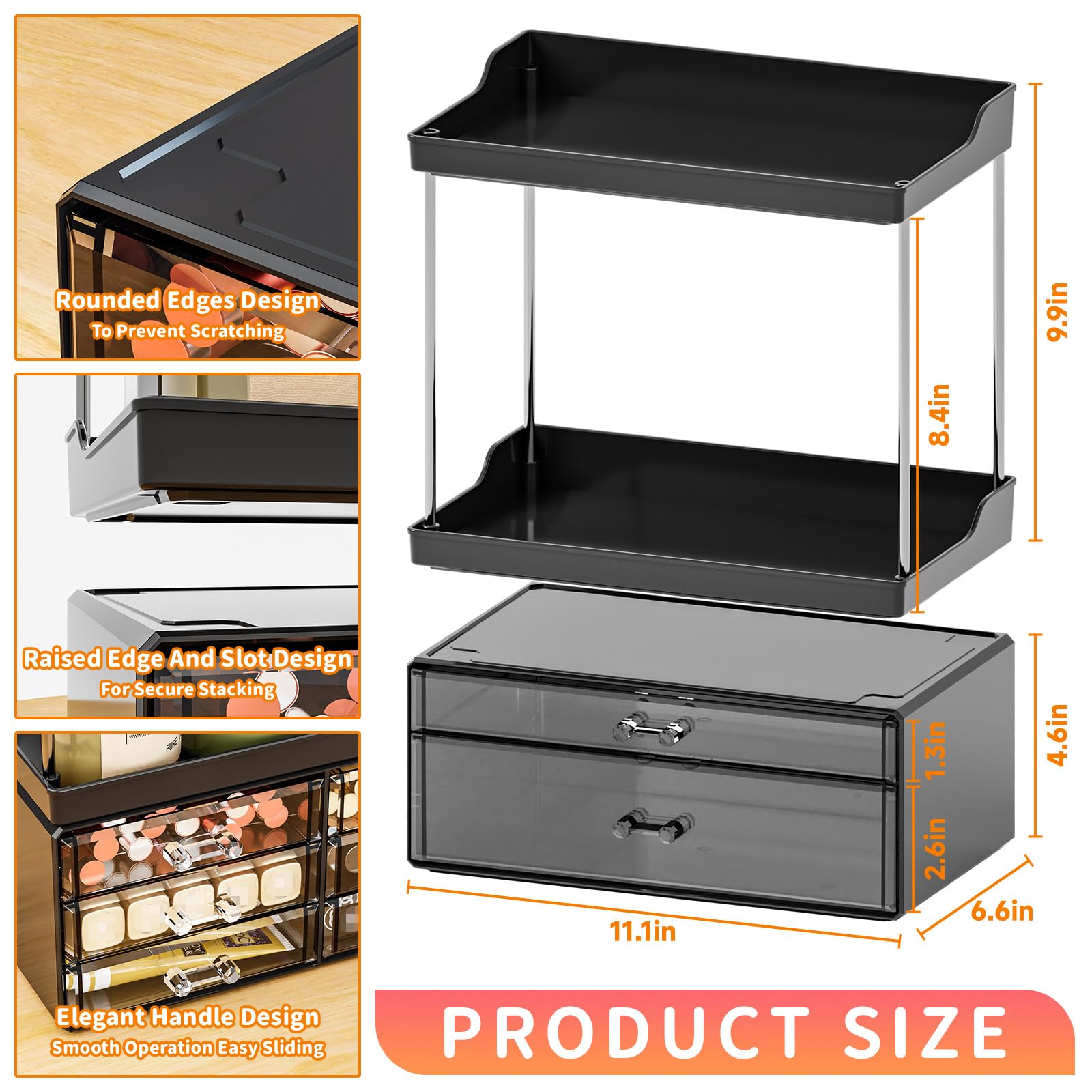 Yieach 2 Pack Clear Makeup Organizer With Drawers - Stackable Design,14.5'' Tall Large Capacity - Suitable As Bathroom Counter O