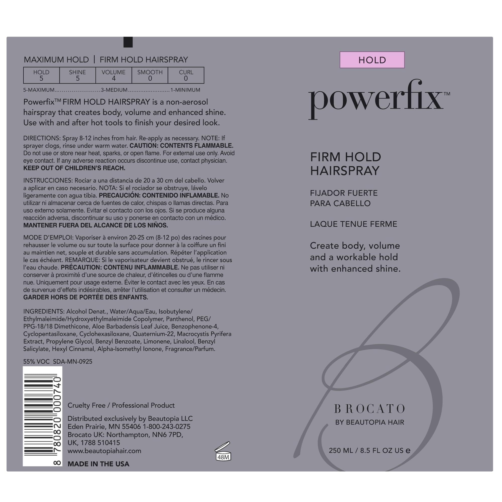 Brocato Powerfix Firm Holding Spray Low VOC, 8.5 oz, by Beautopia Hair
