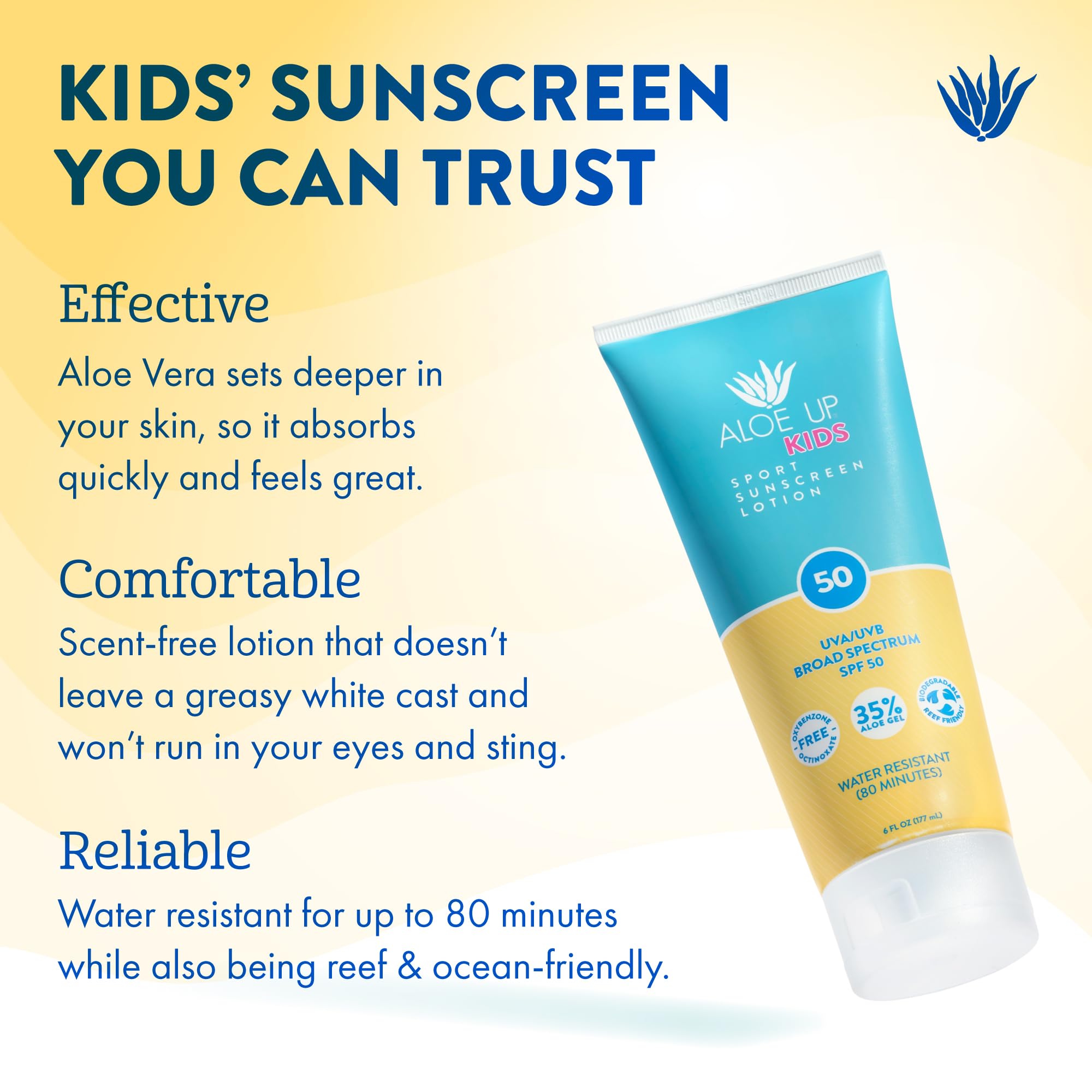 Aloe Up Kids Sport Sunscreen Lotion SPF 50 - Broad Spectrum Sheer Face and Body Sunscreen Protector for Sensitive Skin - With Al