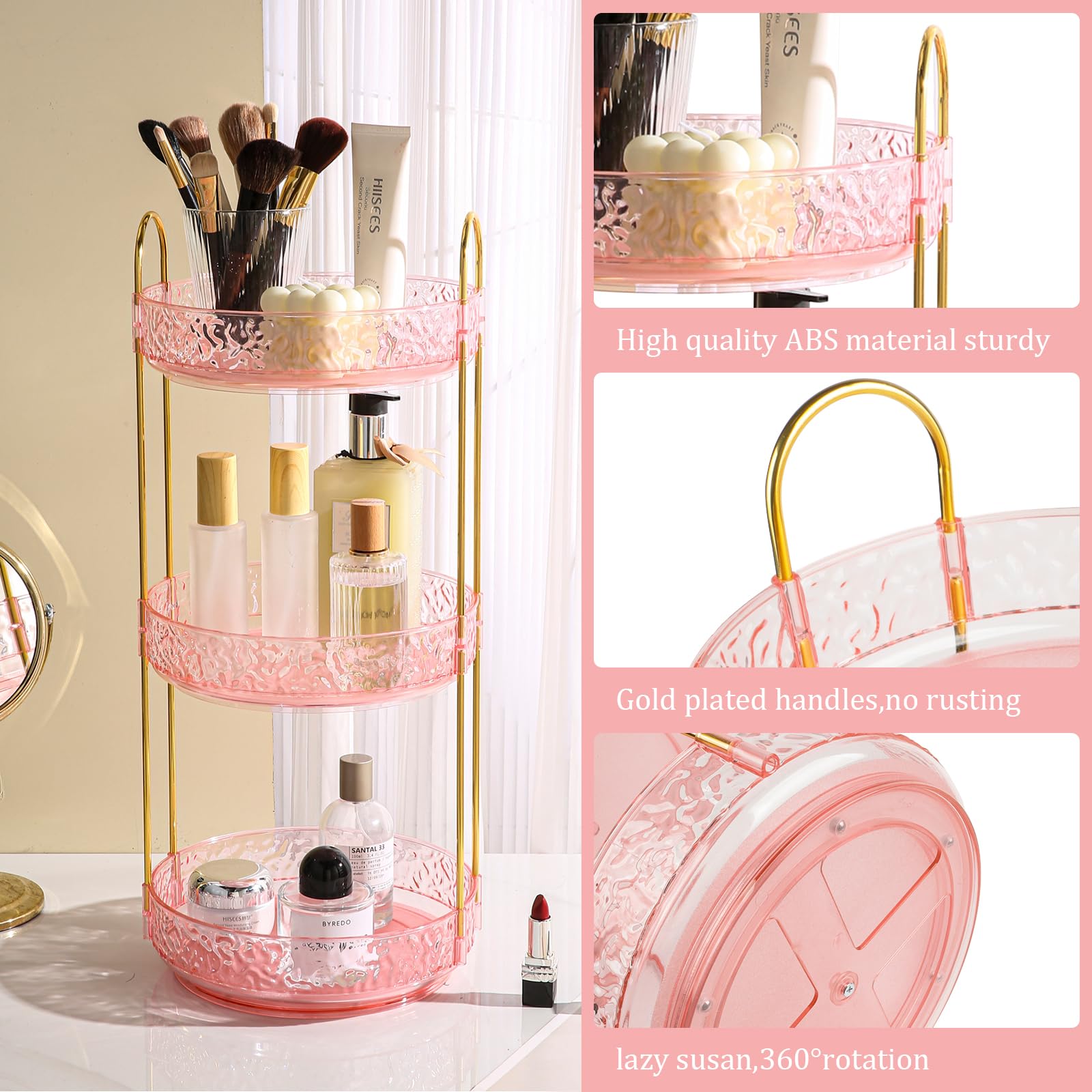 Fangoo 3 Tiers Pink Rotating Makeup Organizer For Vanity, 360 Spinning Skincare Organizers For Dresser Perfume Organizer Large S