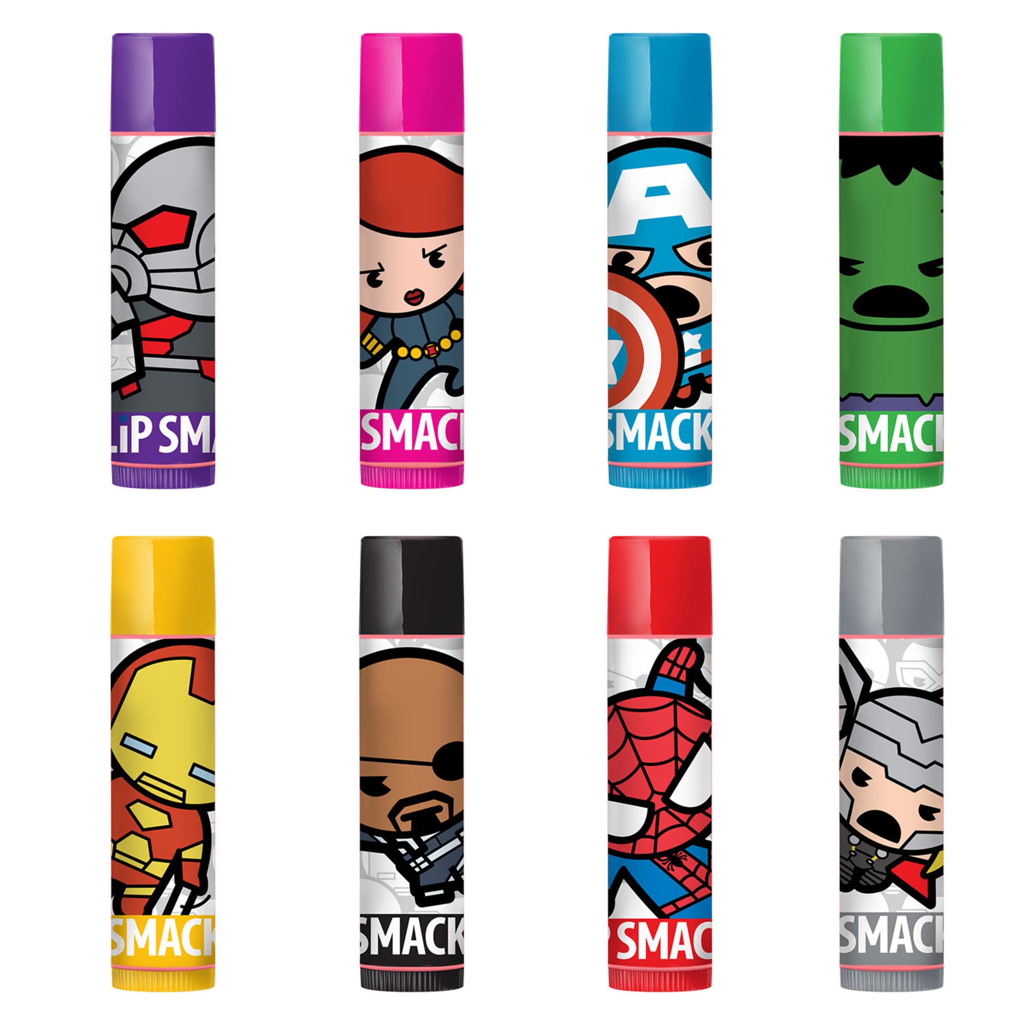 Lip Smacker Marvel Avenger Flavored Lip Balm Party Pack 8 Count, Super Hero, Spirderman, Iron Man, Captain America, Clear, For K