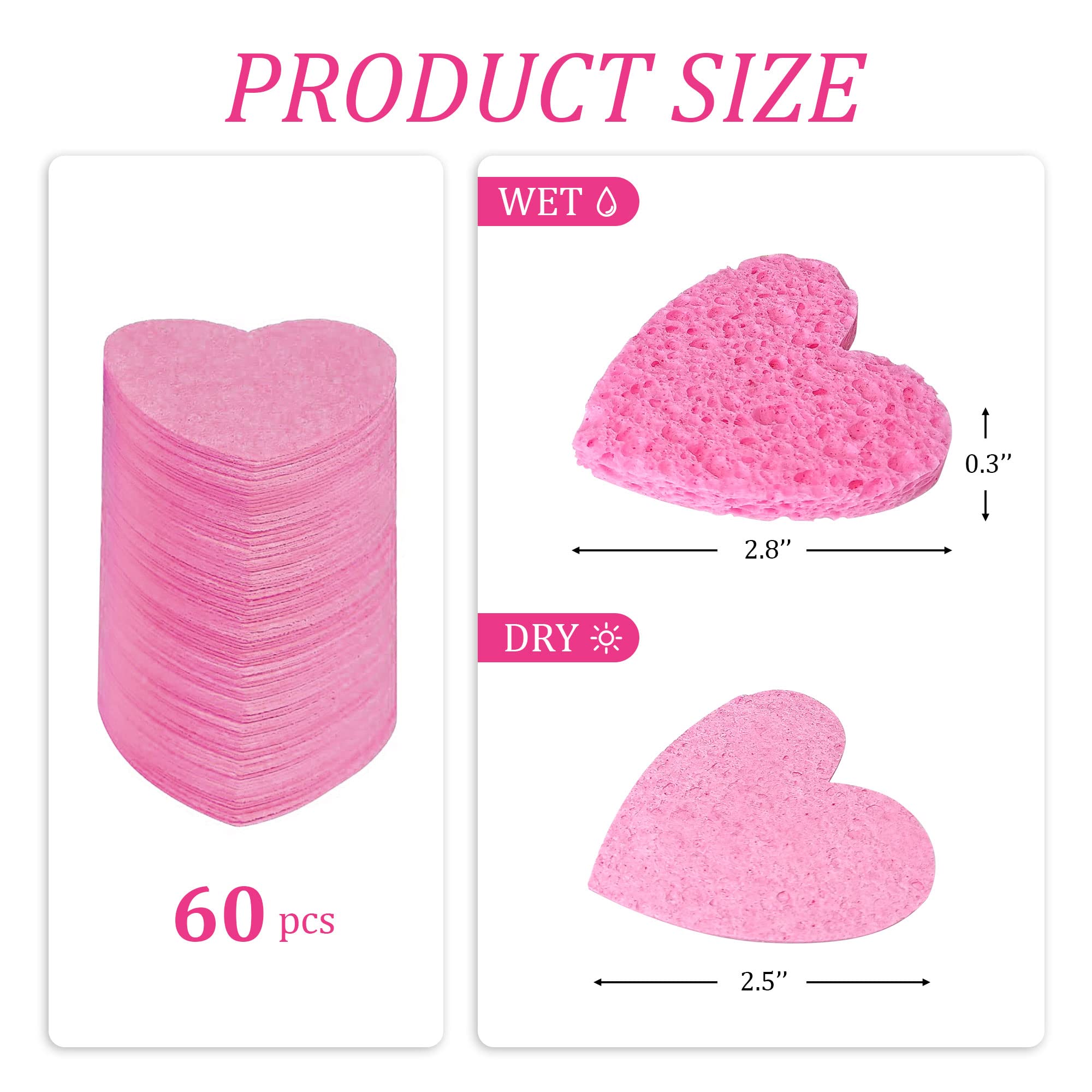 60-Count Kickleen Compressed Cellulose Heart Shape Facial Sponges | 100% Natural Cosmetic Spa Sponges For Facial Cleansing | Exf