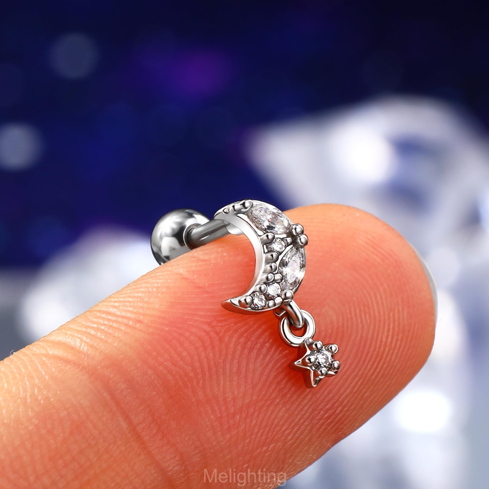 Melighting 16G Helix Earrings 316L Stainless Steel Tragus Stud Moon Clear CZ Cartilage Earring for Women Men Tragus Earrings Con
