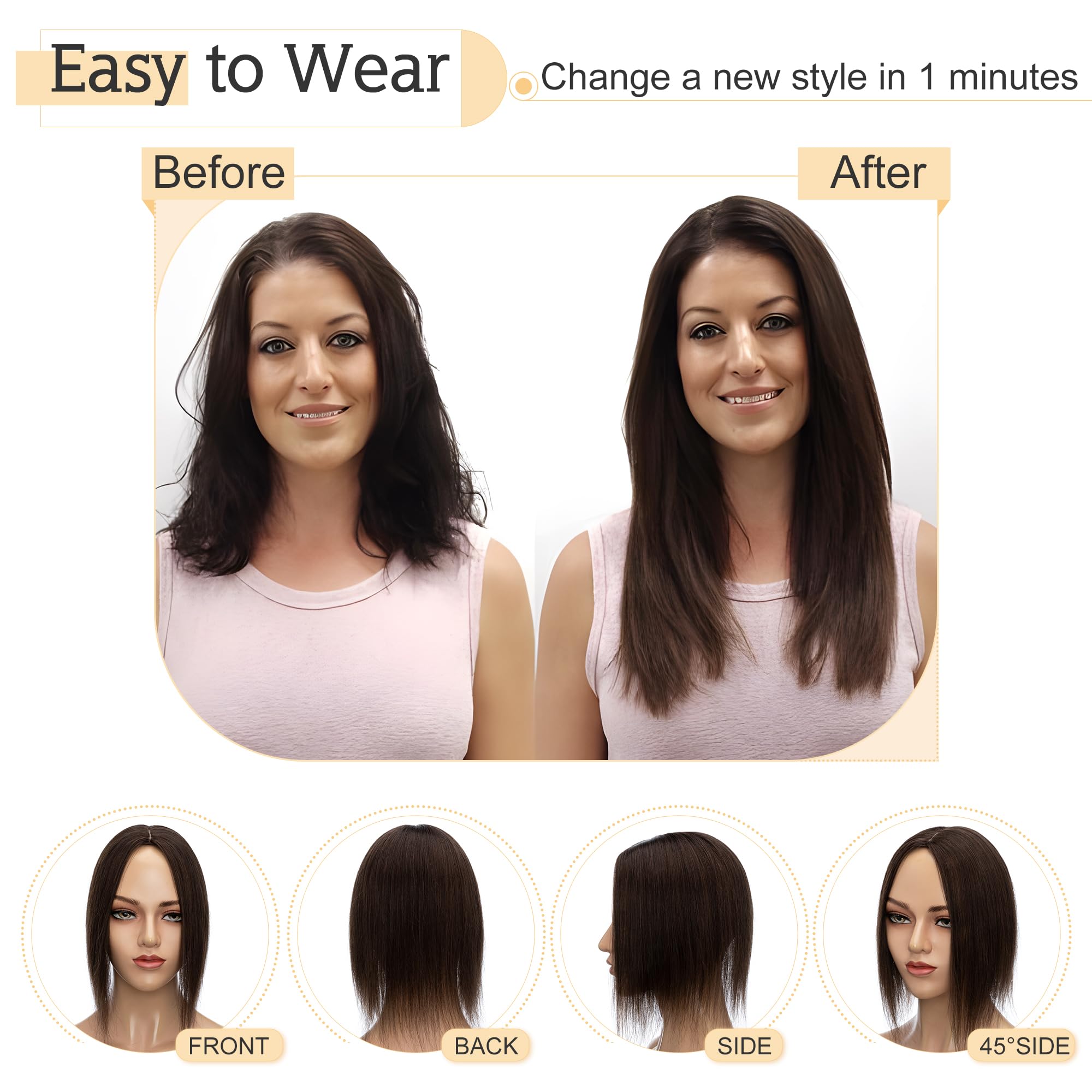 SEGO Human Hair Toppers for Women With Thinning Hair 7 * 13CM Silk Base 100% Real Human Hair Clip in Top Wiglet Hair Pieces//18