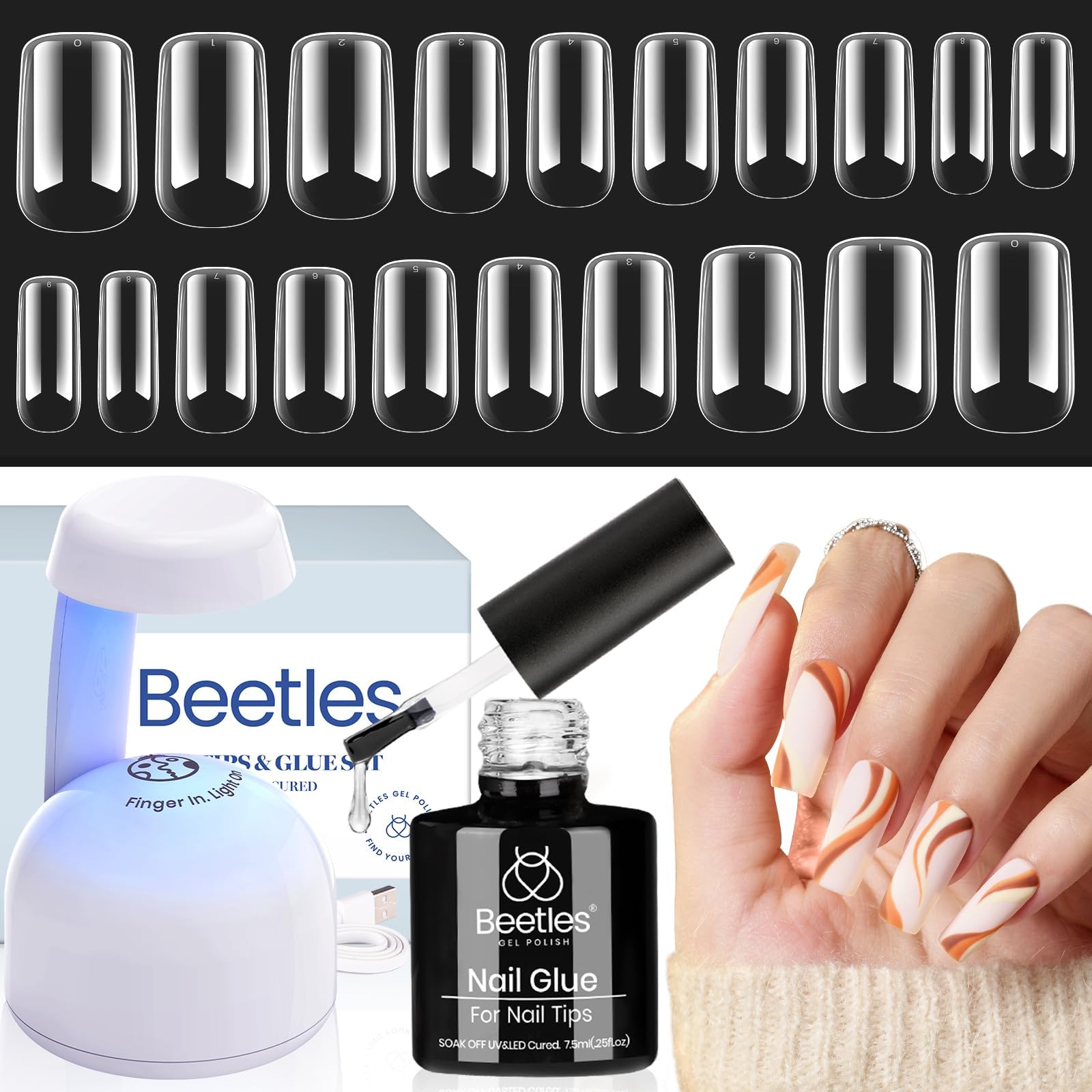 Beetles Easy Nail Extension Set with 500Pcs Gel Nail Tips Medium Square Shape 5 In 1 Nail Glue Base Gel and Innovative Uv Led La