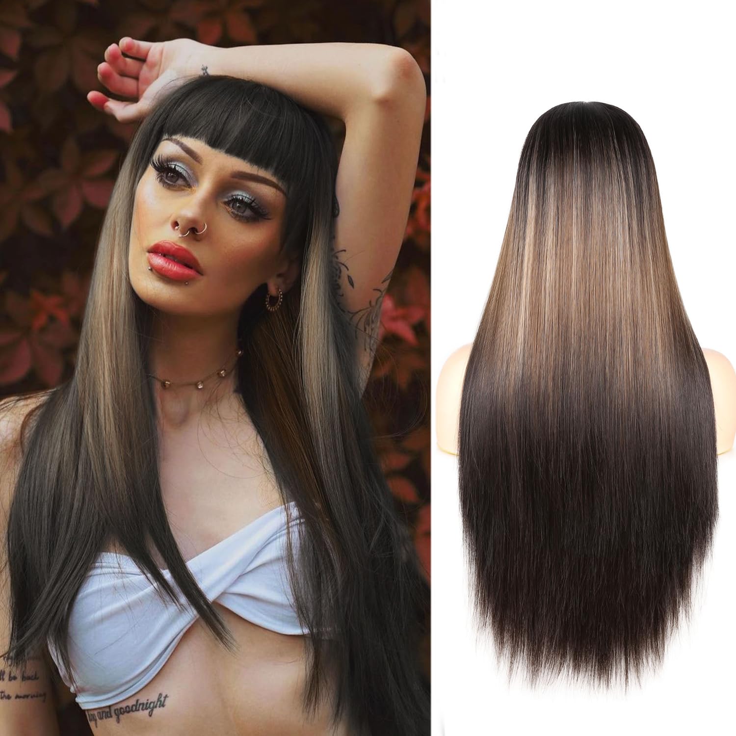 WIGER Straight Dark Brown Wigs with Bangs for Women Highlighted Ombre Long Straight Hair Wig Black-Blonde-Brown Long Wigs with H