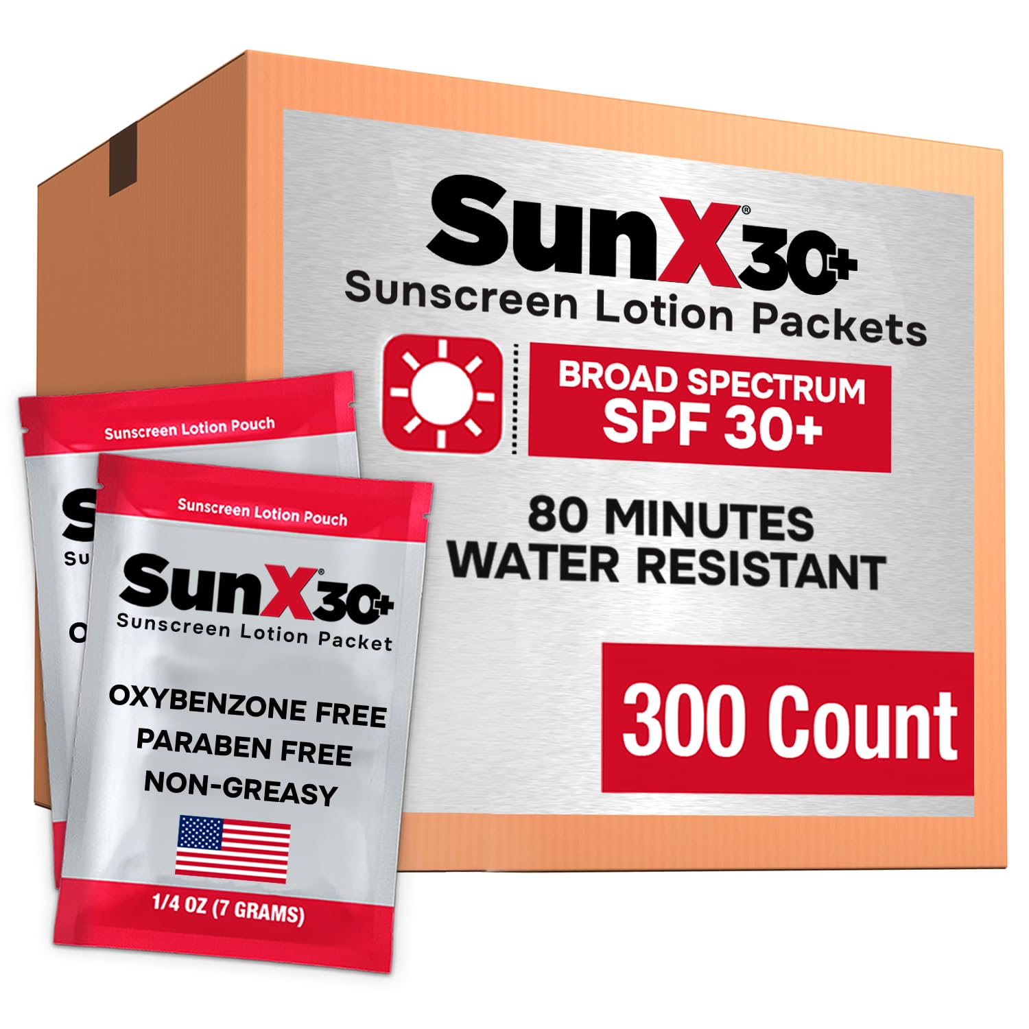 Sun X 30+ Spf Individual Sunscreen Packets Travel Size - Pack Of 300 Paraben, Oxybenzone, & White Cast Free Broad Spectrum Spf S