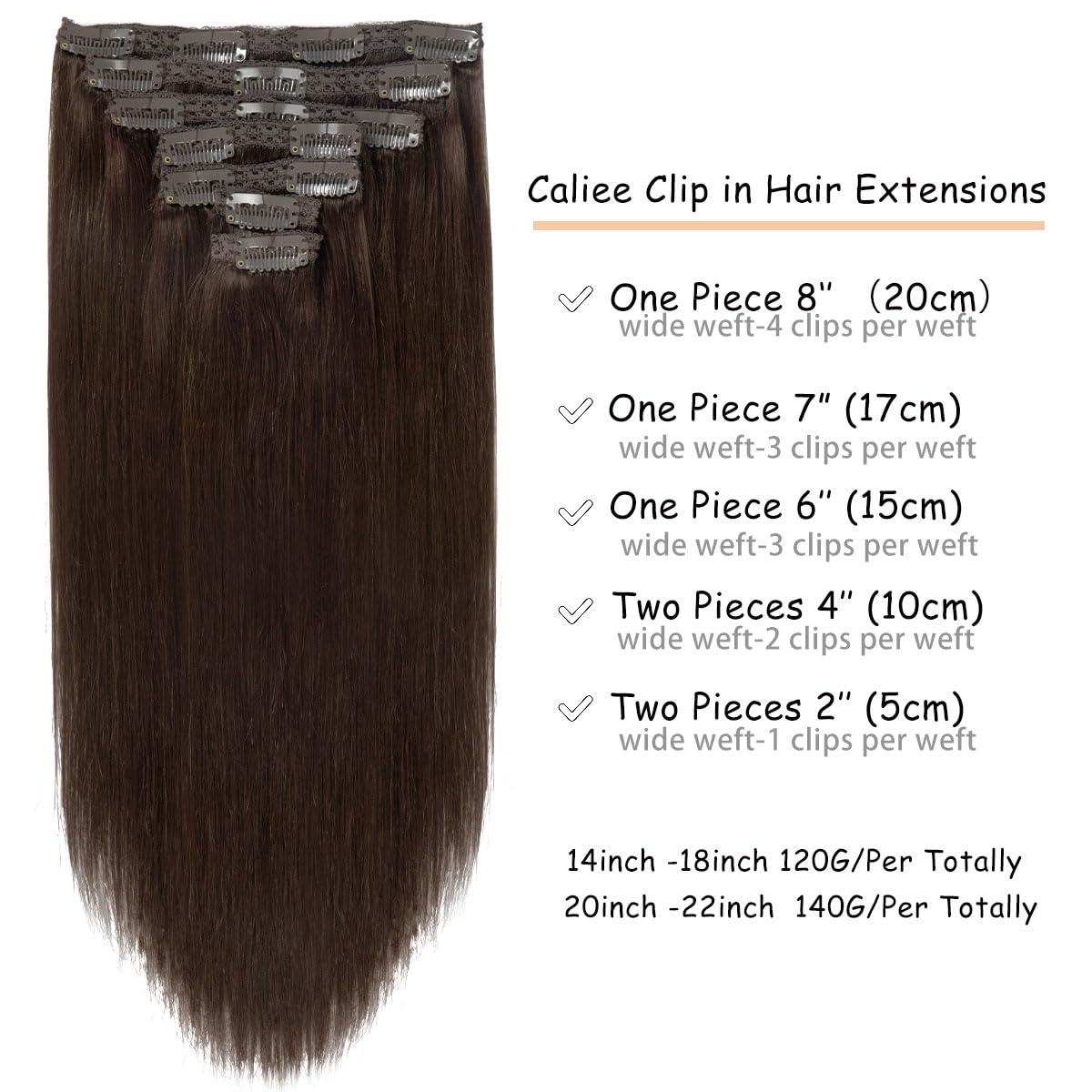 Caliee Remy Clip In Hair Extensions Human Hair 2A Light Dark Brown 140G 7Pcs Hair Extensions Clip In Human Hair Silky Straight S