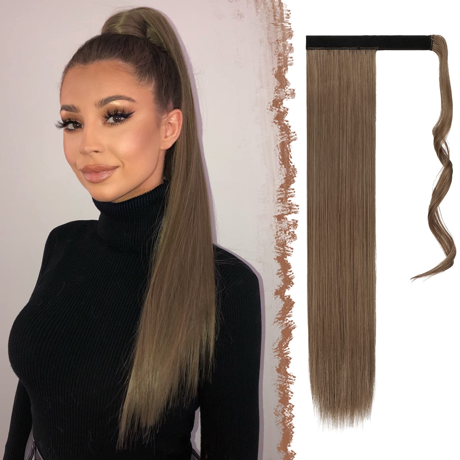 Feshfen Straight Long Ponytail Extensions 28 Inch Wrap Around Synthetic Ponytails Hair Piece Pony Tail Hair Extensions Hairpiece