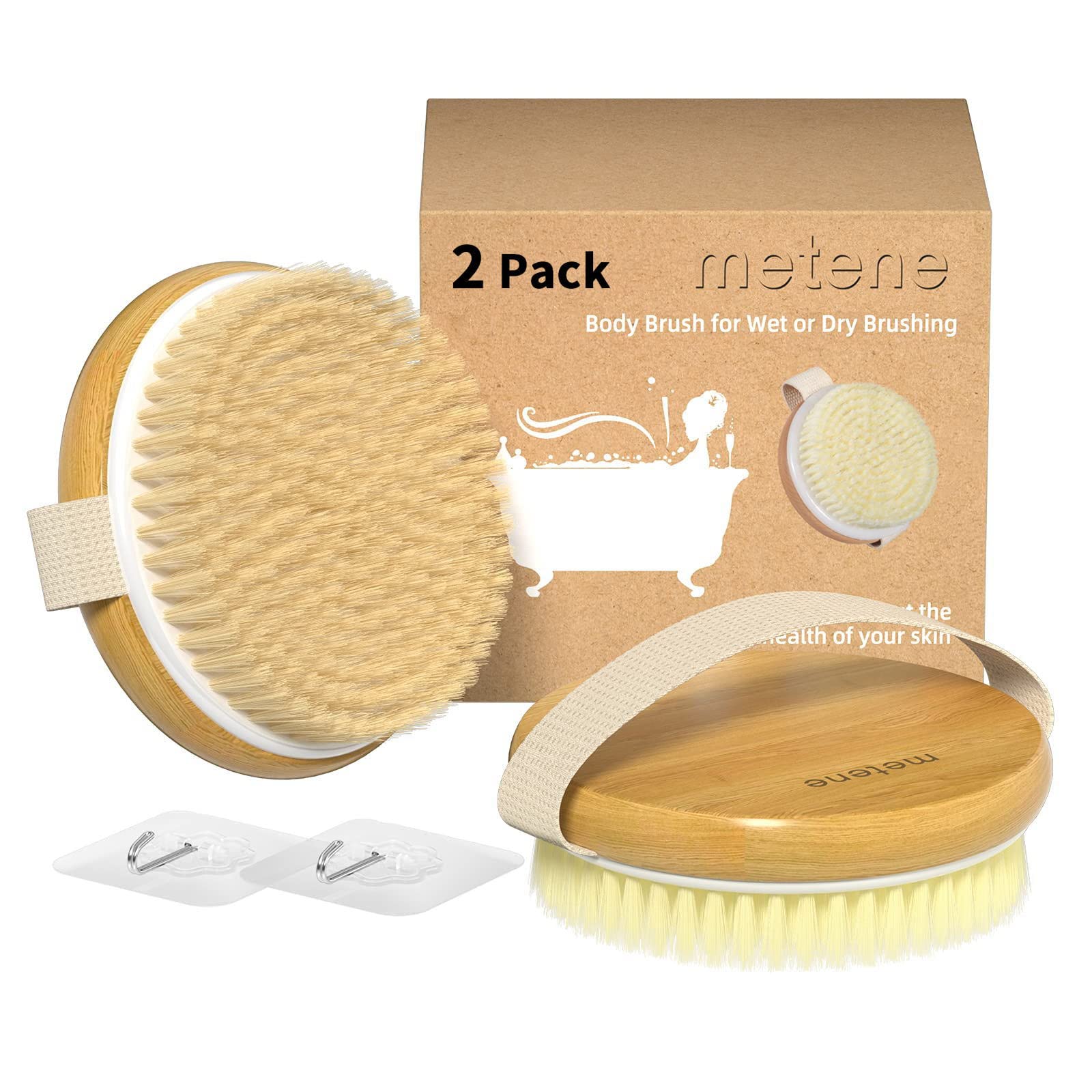 Metene 2 Pack Bamboo Dry Body Brushes, Shower Brush Wet And Dry Brushing, Dry Brush For Cellulite And Lymphatic, Body Scrubber W