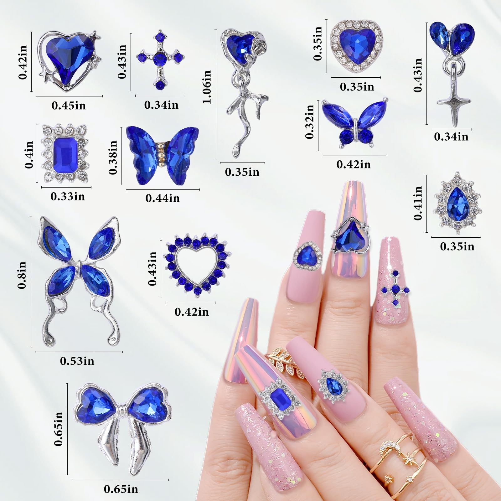 Edittime 24Pcs Silver Metal Alloy 3D Luxury Nail Rhinestones Kit Punk Y2K Star Moon Heart Love Butterfly Cross Crown Rhomboid Rh