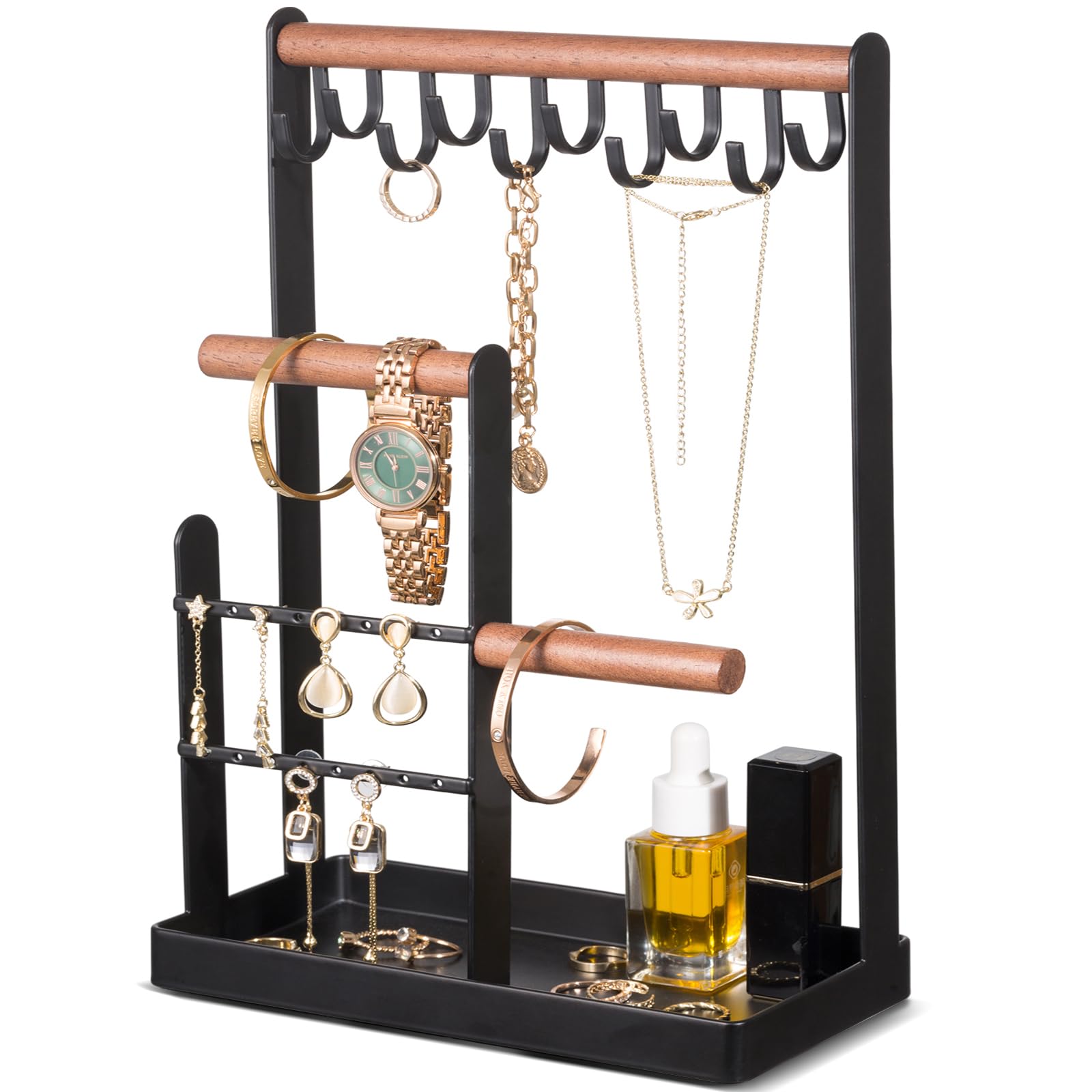 ProCase Jewelry Organizer Stand Holder, 4-Tier Tower Rack with Earring Tray and Holes, 10 Hooks Necklaces Hanging Storage Tree D