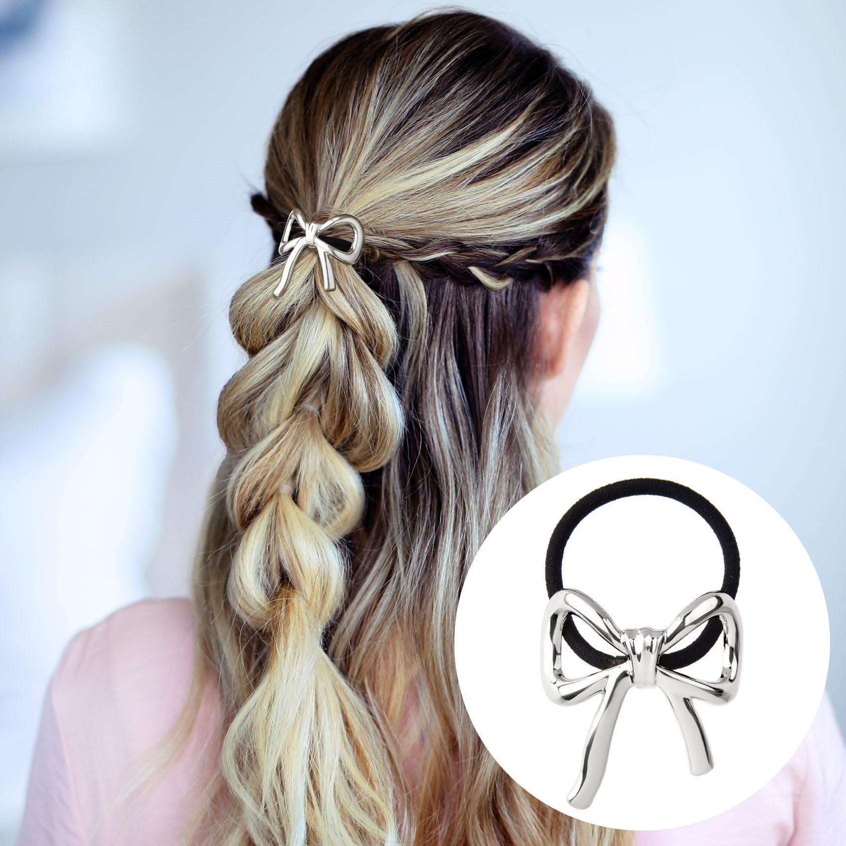 Hinzic 2Pcs Bow Hair Ties Gold Silver Bowknot Hair Scrunchies Elastics Metal Ponytail Holder Christmas Valentines Hair Accessori