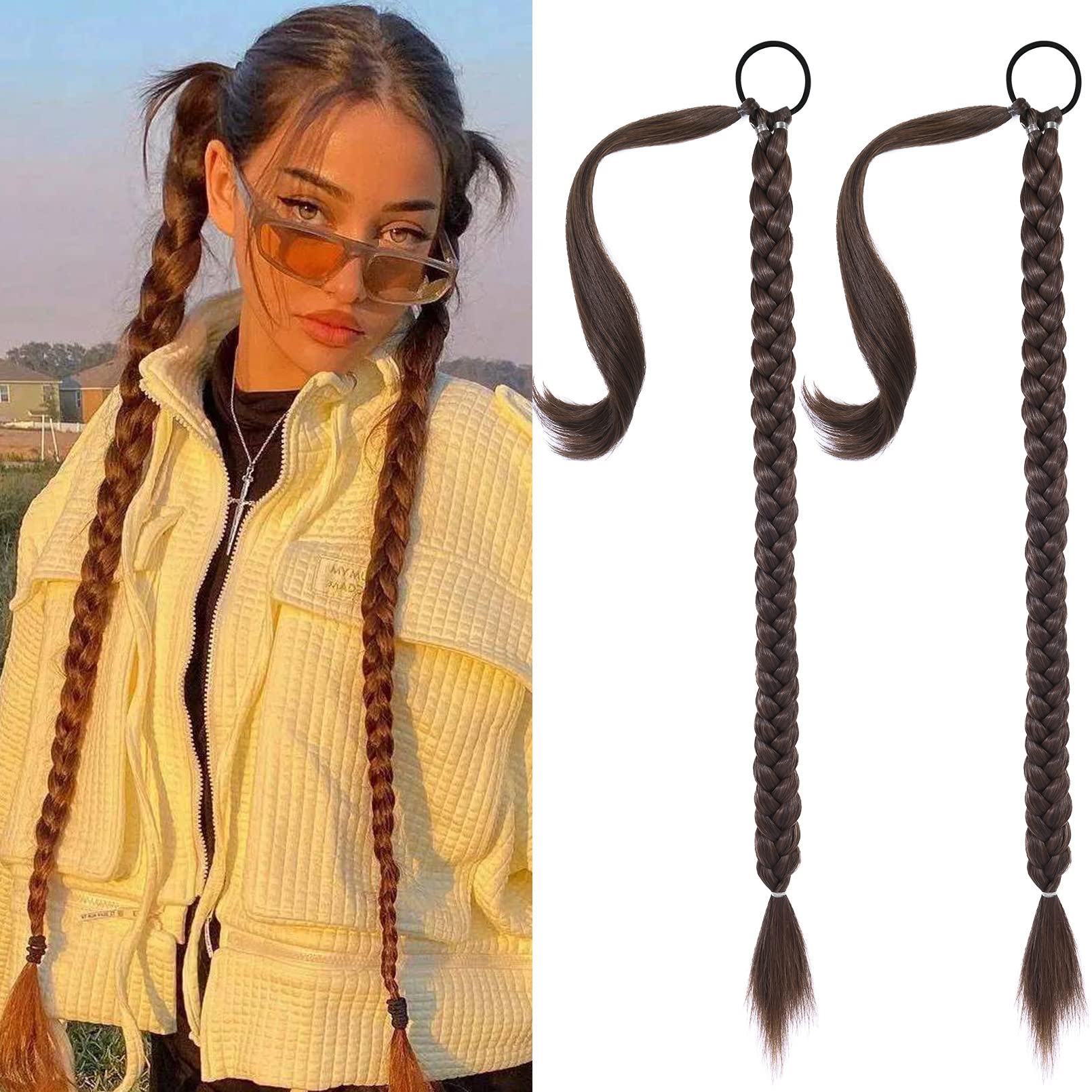 SEIKEA 2PCS Long Braid Ponytail Extension with Hair Tie Long Straight Wrap Around Hair Extensions Ponytail Natural Synthetic Hai
