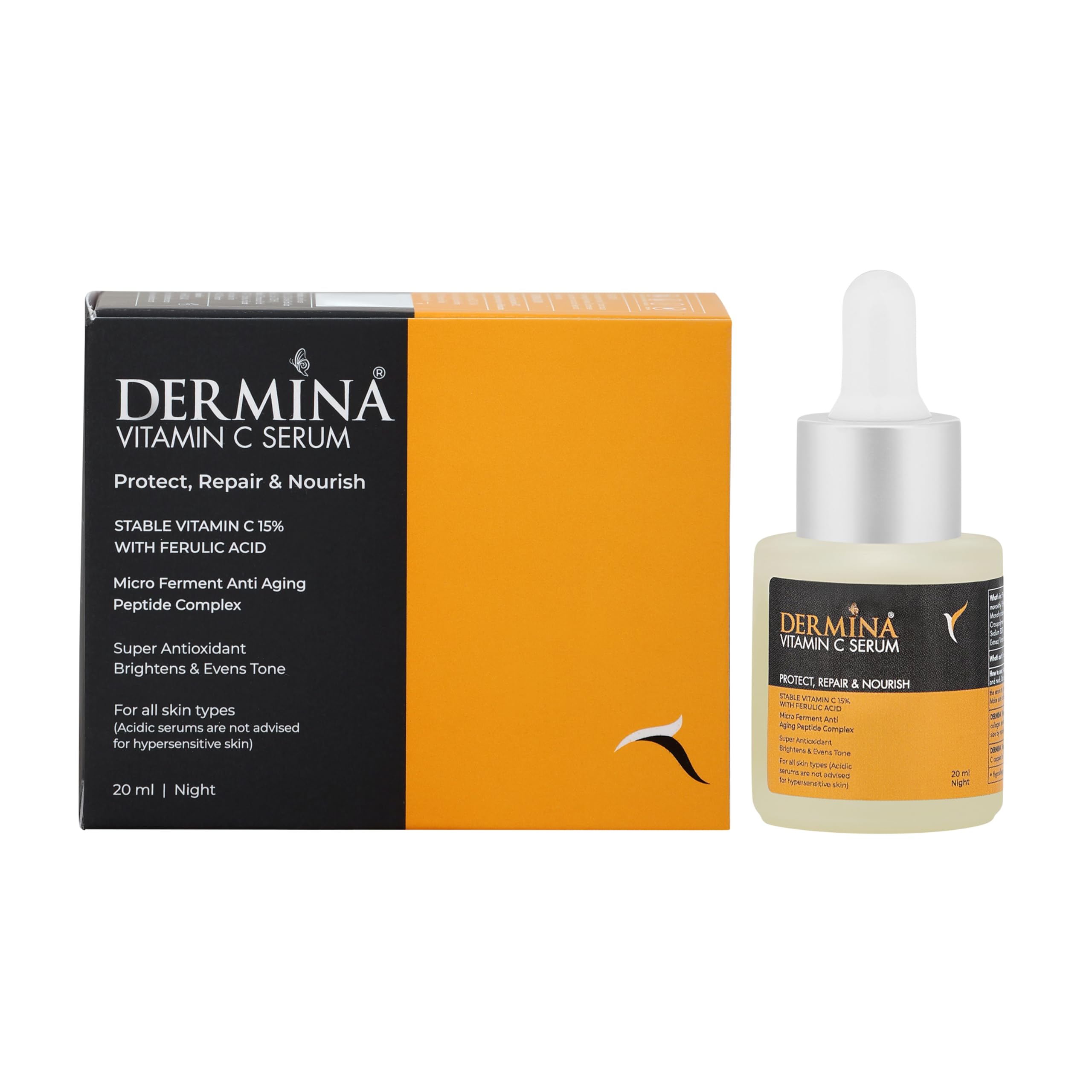 Dermina 15% Vitamin C Face Serum with Niacinamide, Ferulic & Hyaluronic Acid | Brightening & AntiAging | Reduces Dark Spots & F