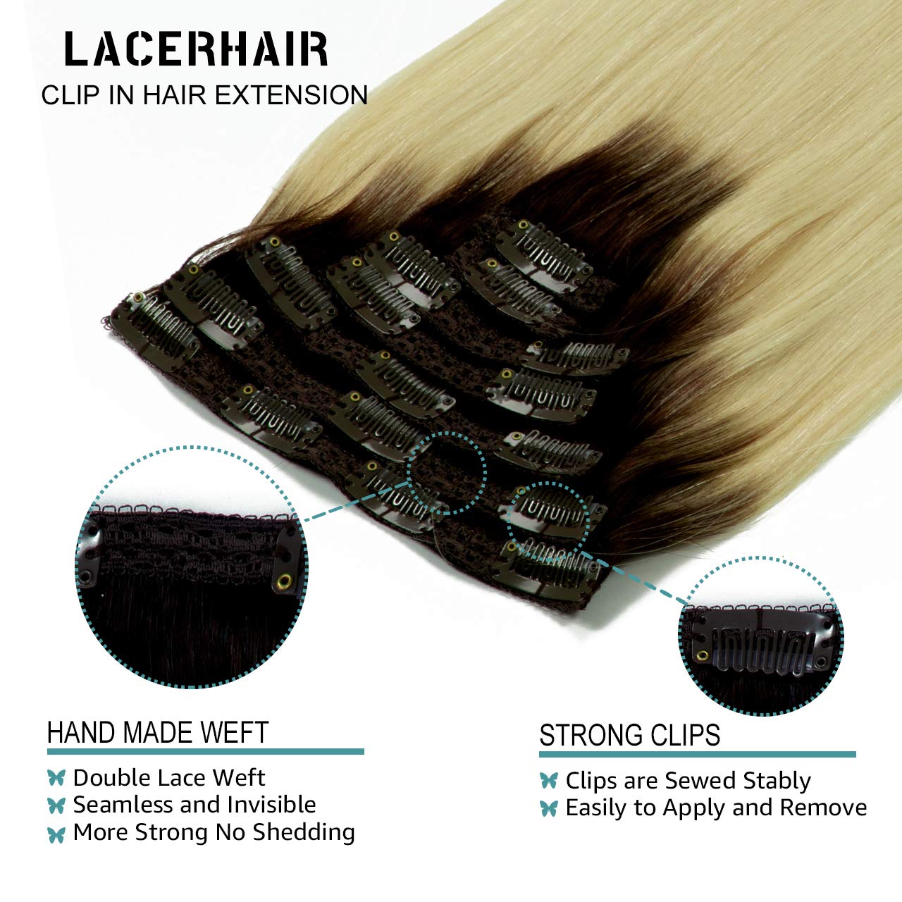 Lacer Blonde Clip In Hair Extensions Platinum Blonde With Dark Brown Roots Human Hair Extensions Clip Ins 16 Inch 7Pcs 120G