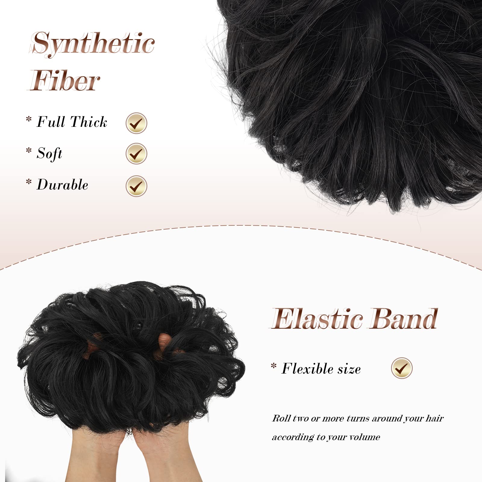 FESHFEN Messy Hair Bun Hair Pieces Natural Black Wavy Curly Large Hair Bun Scrunchies Extensions Synthetic Tousled Updo Hairpiec