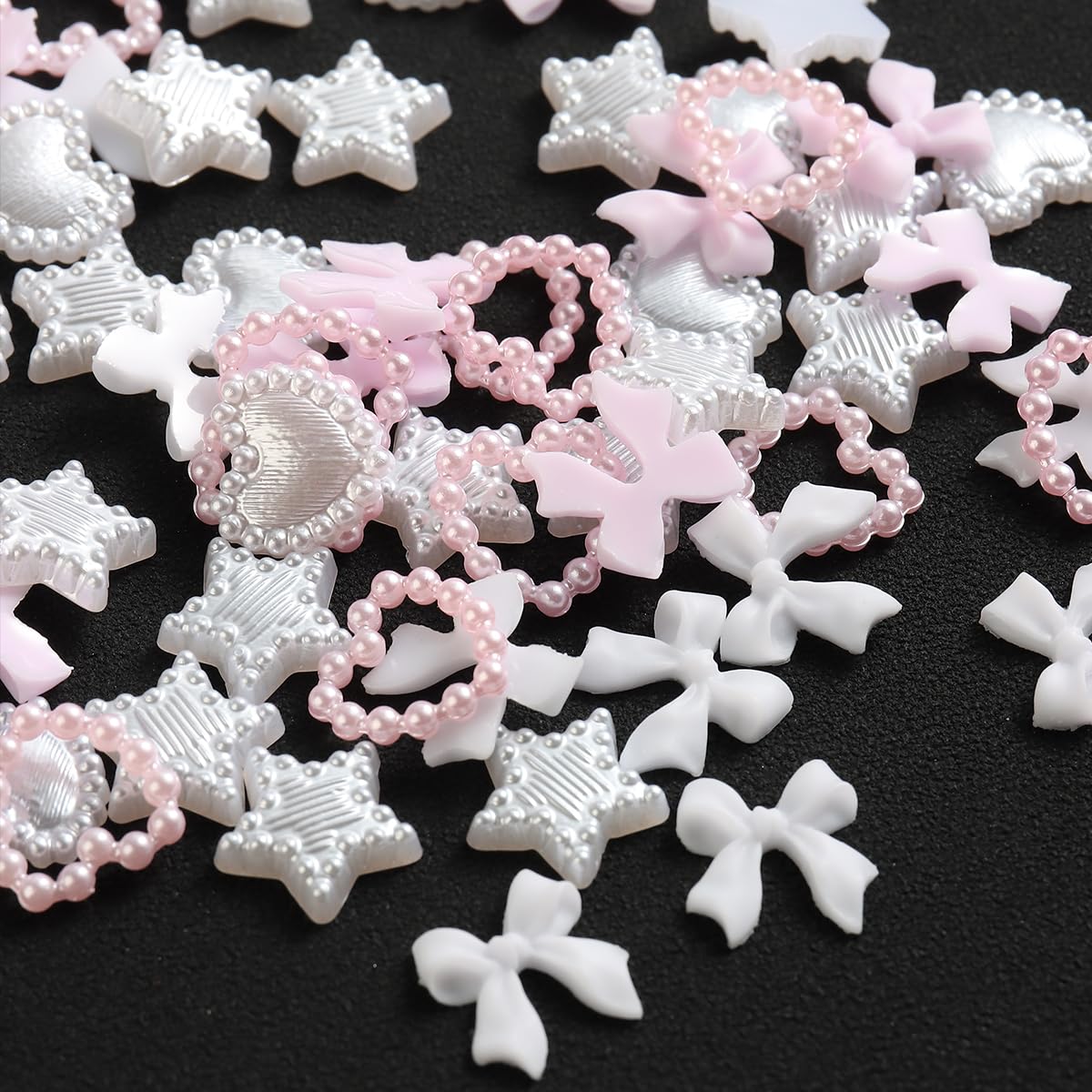 Fcozpjk Bows Nail Charms, 100Pcs Bow Charms For Nails, White Pink Heart Stars Round Multi Shape Pearl Nail Charms, Flatback Kawa