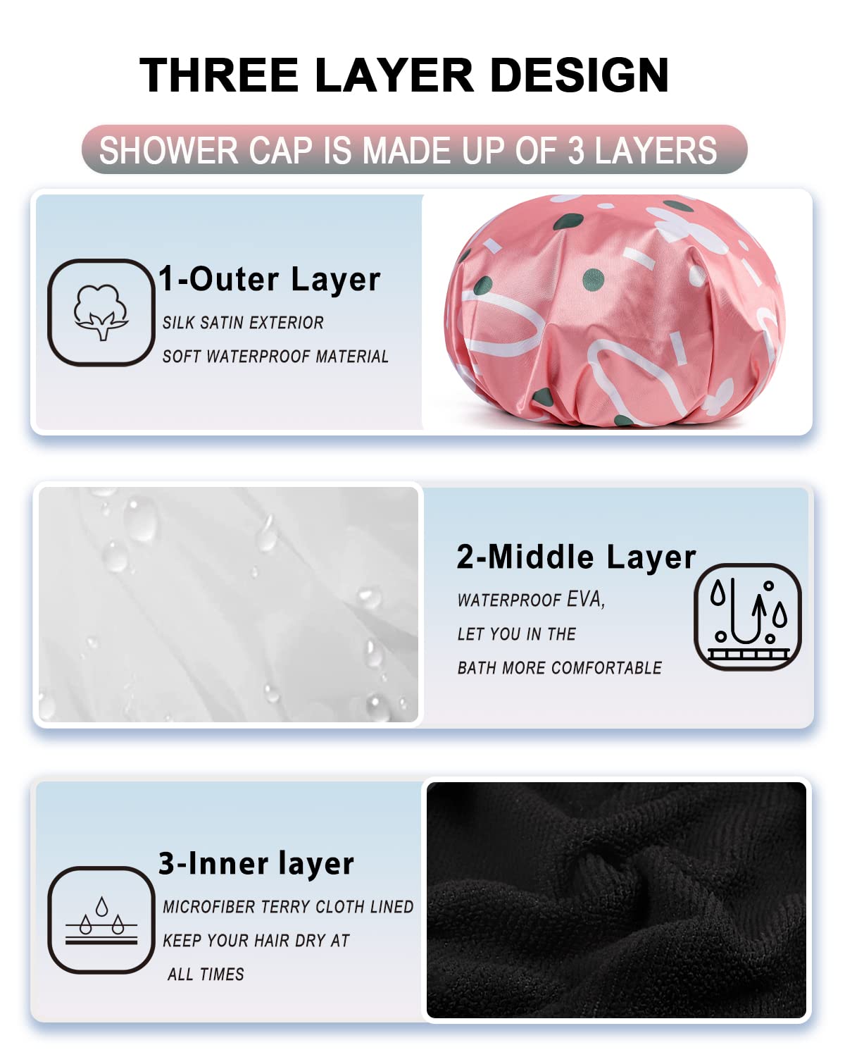 Yizijizi Terry Lined Shower Caps, Triple Layer Large Shower Cap For Women, Reusable Shower Caps For Long Thick Hair, Waterproof