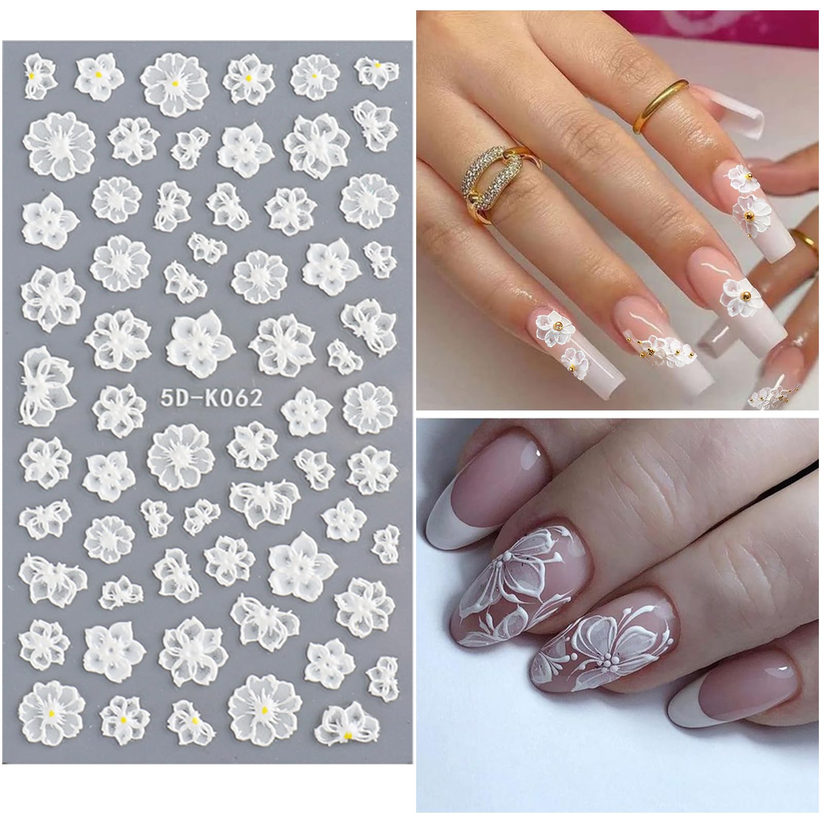 Votacos 6 Sheets White Flower Nail Art Stickers Decals 5D Embossed Nail Decals Spring Winter Nail Art Design Self-Adhesive Nail