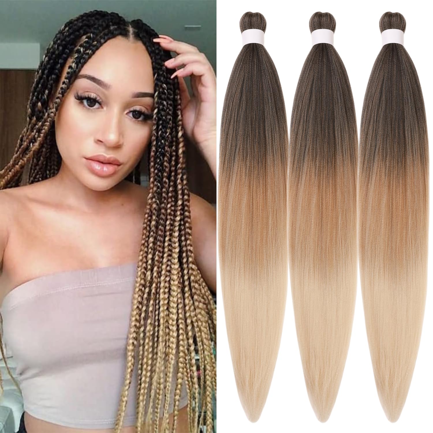 Ombre Brown Braiding Hair ez braid pre stretched braiding hair Extensions for Knotless Box Braids 3 Packs