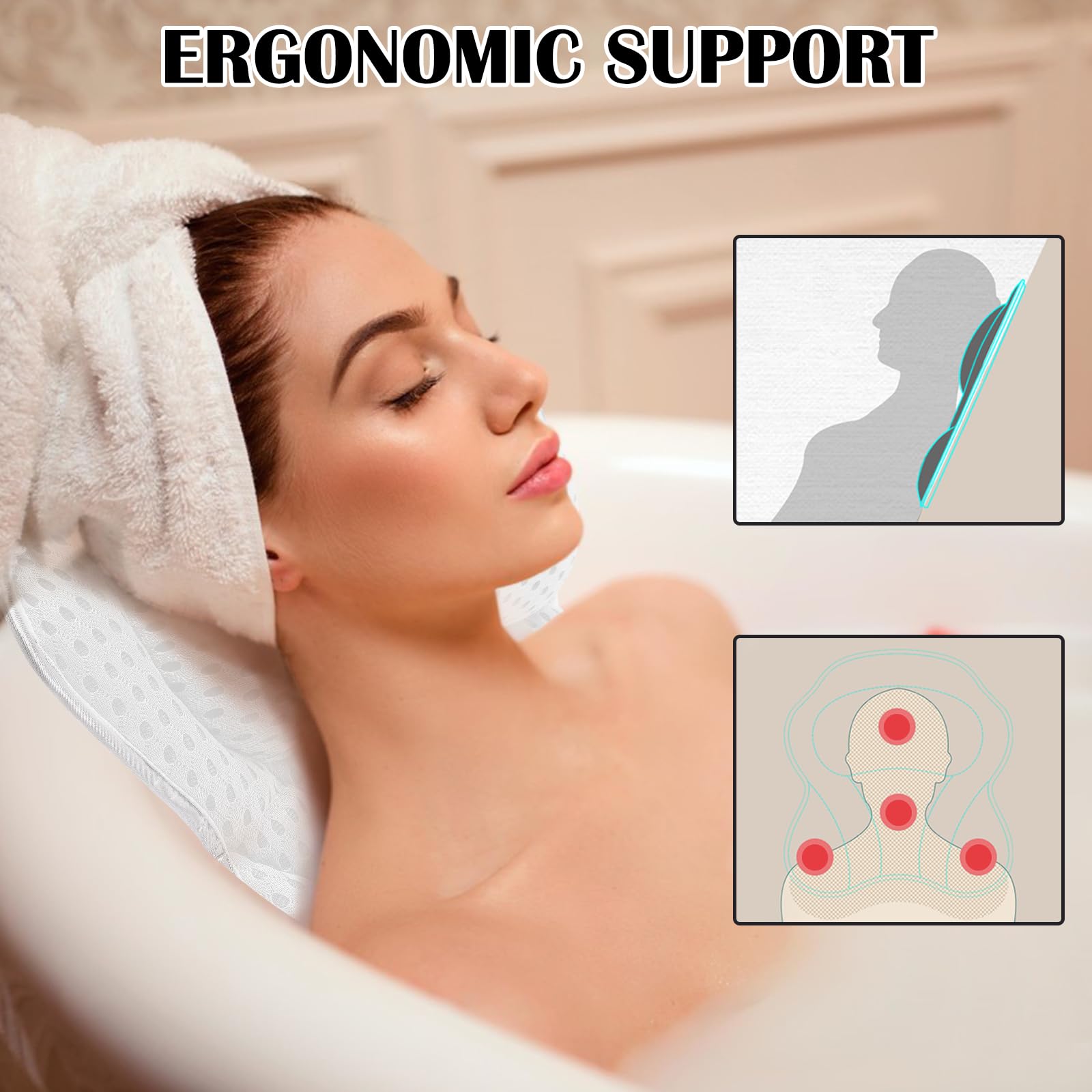 Bath Pillow Luxury Bathtub Pillow, 4D Bath Tub Pillows For Head, Neck And Back Support, Tub Pillow For Bathtub With 6 Non-Slip S