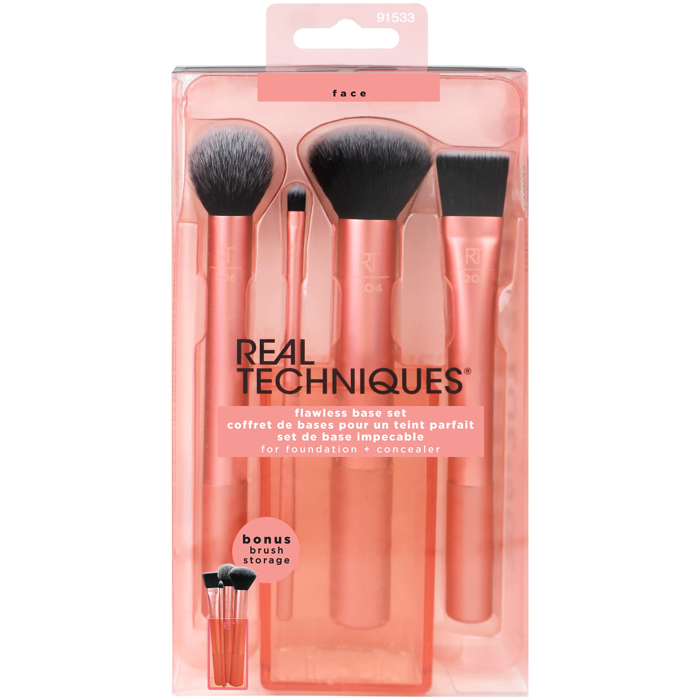 Real Techniques Flawless Base Brush Set With Ultra Plush Custom Cut Synthetic Bristles And Extended Aluminum Ferrules To Build C