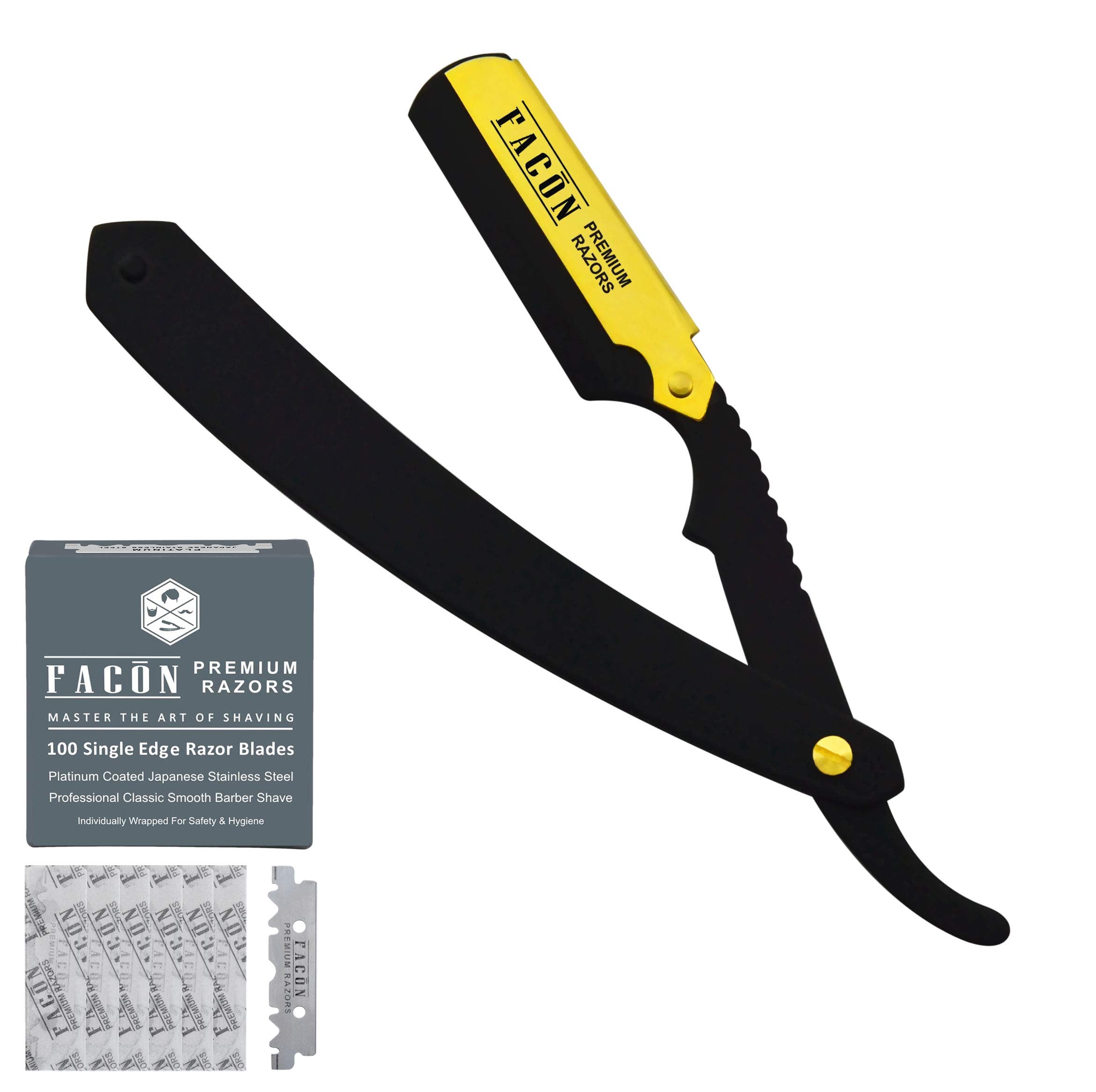 100 BLADES + Fac  n Professional Premium Straight Edge Barber Razor - Salon Quality Cut Throat Shavette
