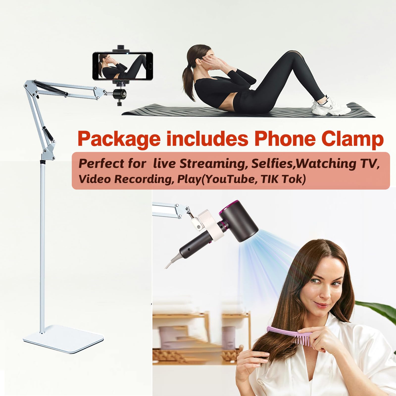 Femeoum Hair Dryer Stand Holder, 360° Adjustable, Hands-Free Clip, Metal, Black, Suitable for 99% Hair Dryers, Model 1