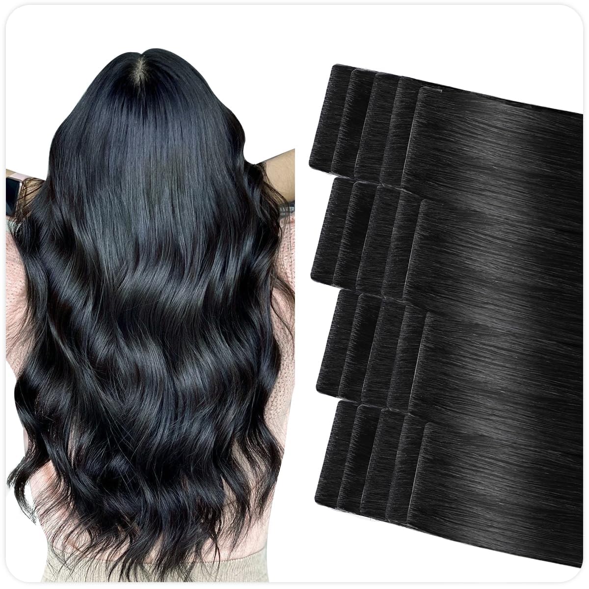 Suyya Invisible Tape In Hair Extensions Human Hair Jet Black Seamless Injected Hand-Tied Pro Quality Virgin Human Hair 20Pcs 50G