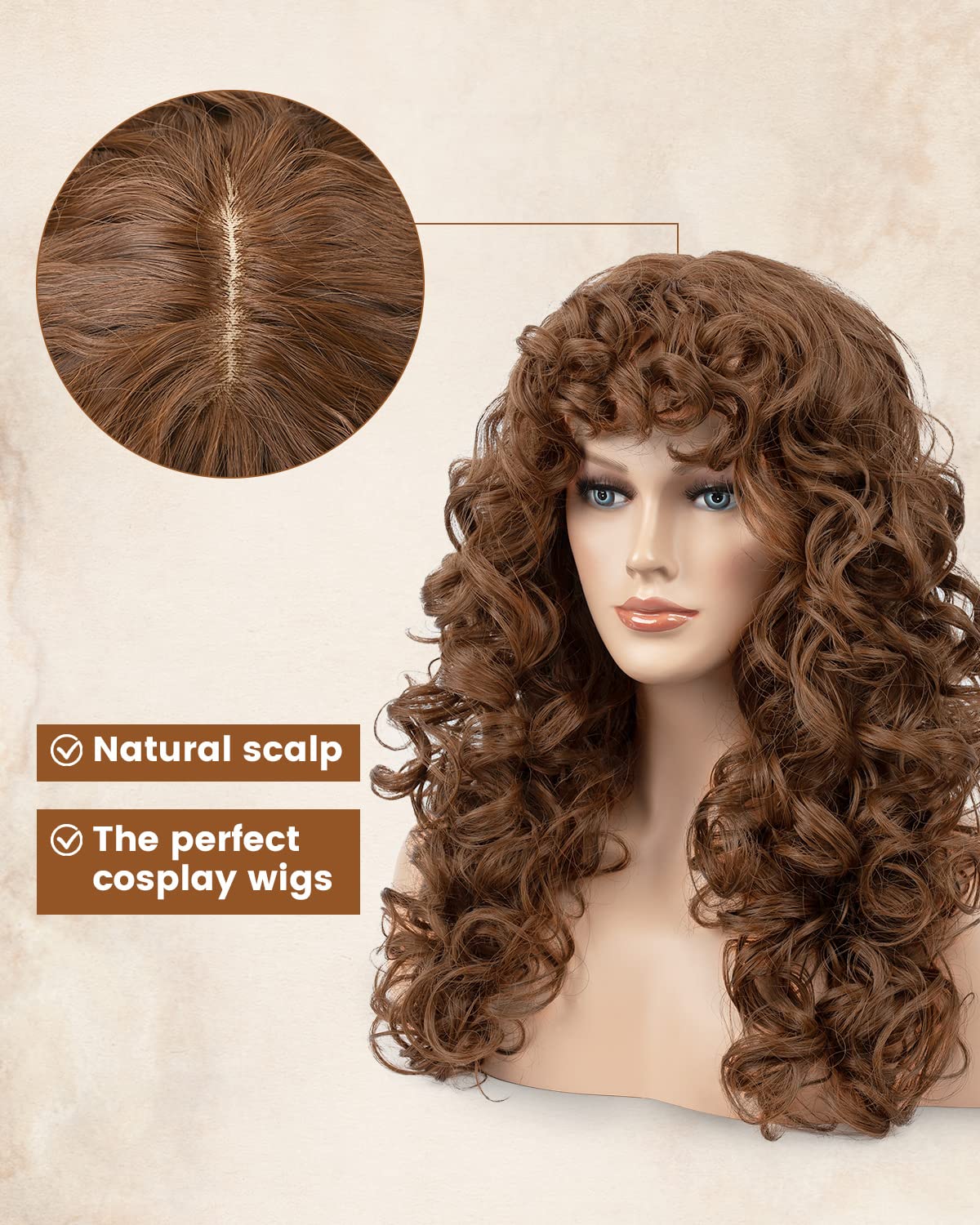 Curly Wig With Bangs For Women Flufymooz Natural Light Brown Long Curly Wig 21Inch Curls With Wispy Bangs Heat Resist Soft Synth