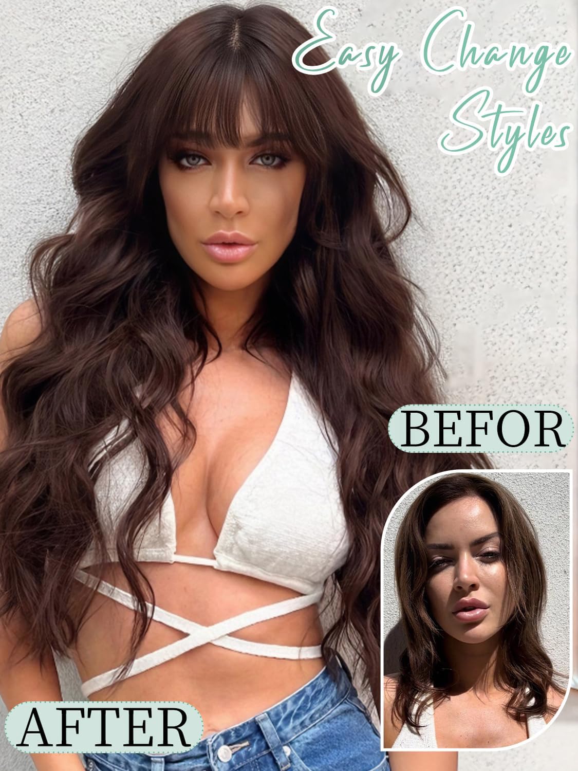 Aisi Hair Brown Wig With Bangs Long Wavy Synthetic Wig For Women With Daily Party Use