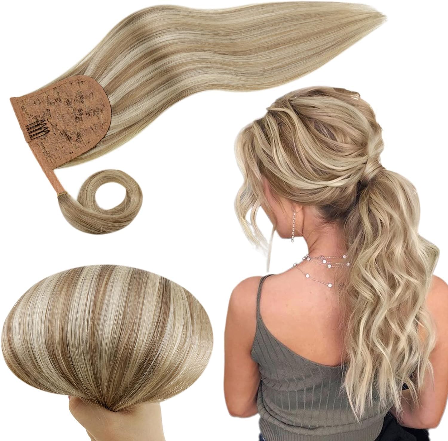 RUNATURE Ash Brown Human Hair Ponytail Extension 14 Inch Straight Ponytail Human Hair Extensions with Clips Highlighted Platinum