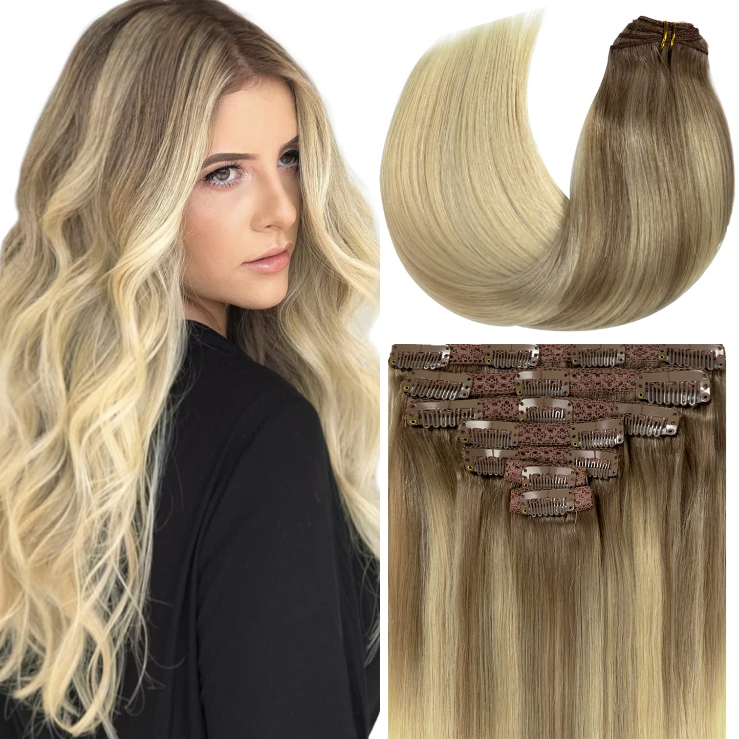 Loxxy 22 Inch Clip in Hair Extensions Remy Human Hair 140g 7pcs 16 Clips Silky Straight 100% Real Balayage Human Hair Extensions