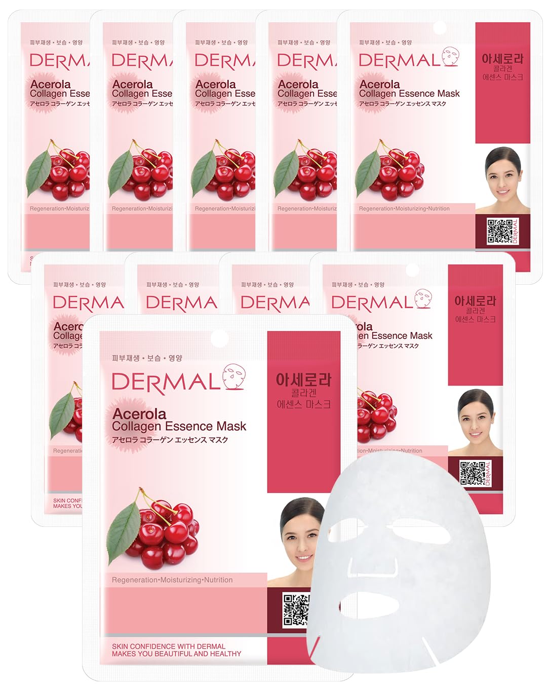 DERMAL Acerola Collagen Essence Facial Mask Sheet 23g Pack of 10 - Skin Clearing, Reduces Blemishes, Elasticity Care, Daily Skin