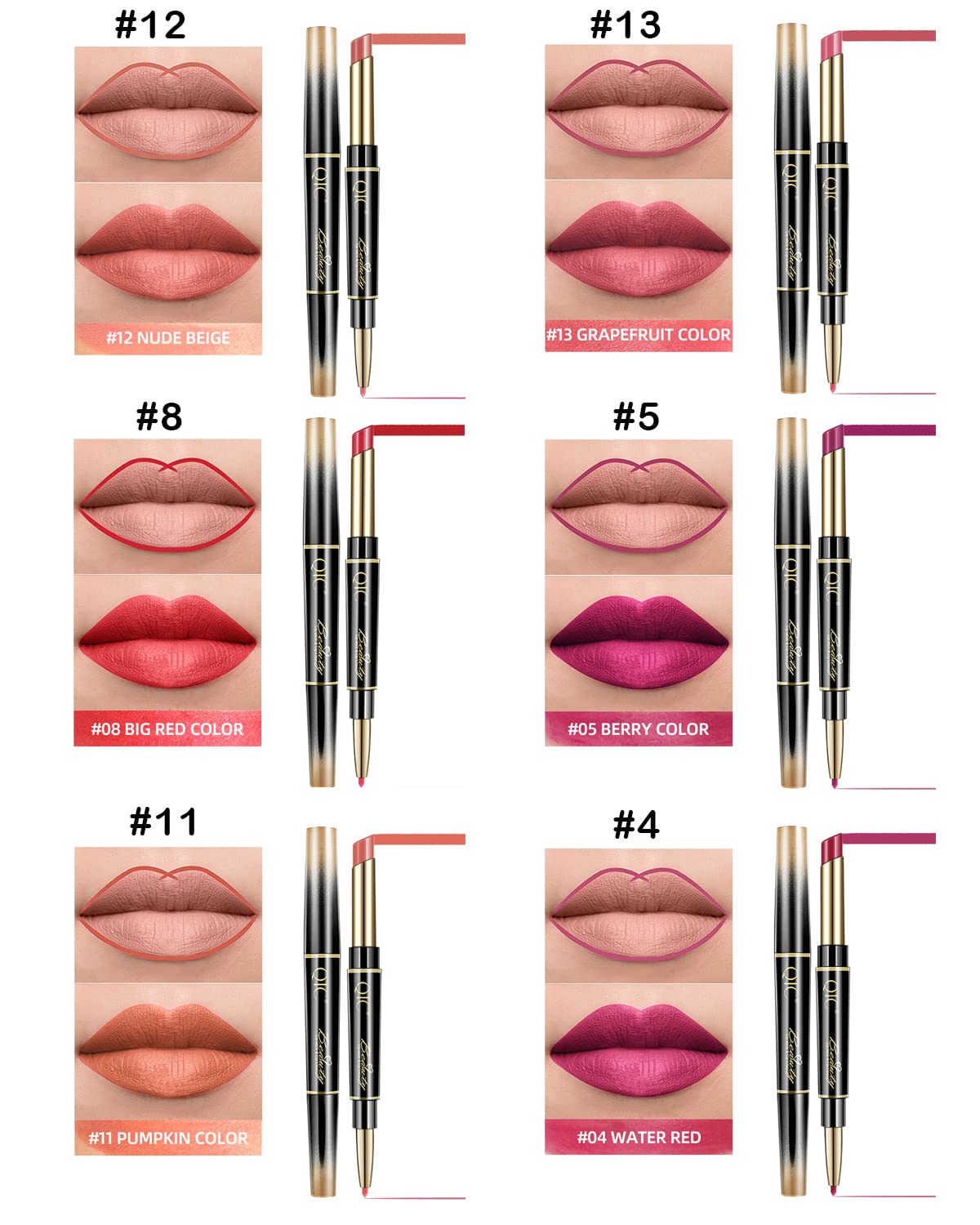 Lip Liner And Lipstick Makeup Set, 6Pcs 2 In 1 Double Head Lipstick Set Waterproof Long Lasting Matte Lipstick Gift Set For Dail