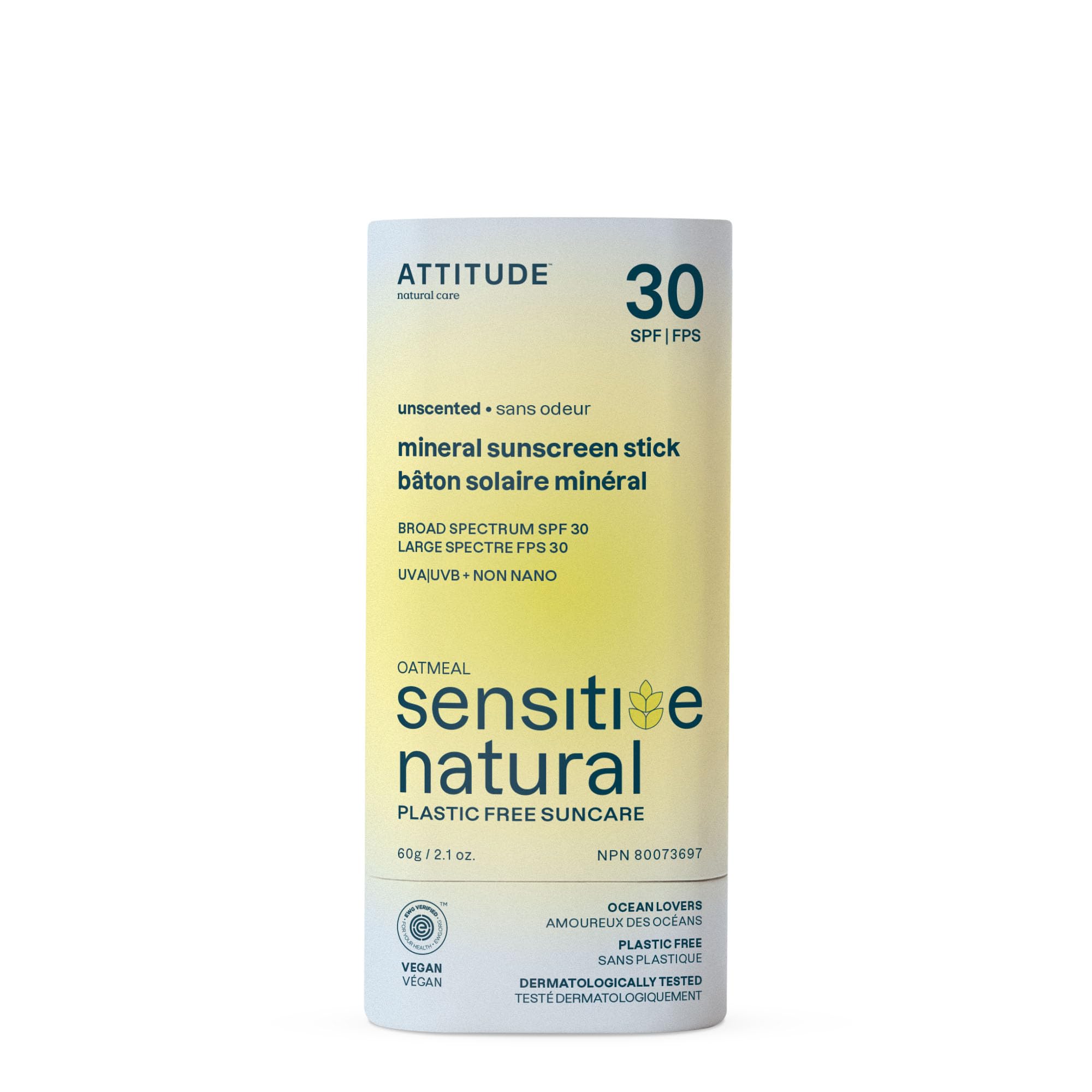 Attitude Mineral Sunscreen Stick For Sensitive Skin, Spf 30, Ewg Verified, Plastic-Free, Broad Spectrum Uva/Uvb Protection With